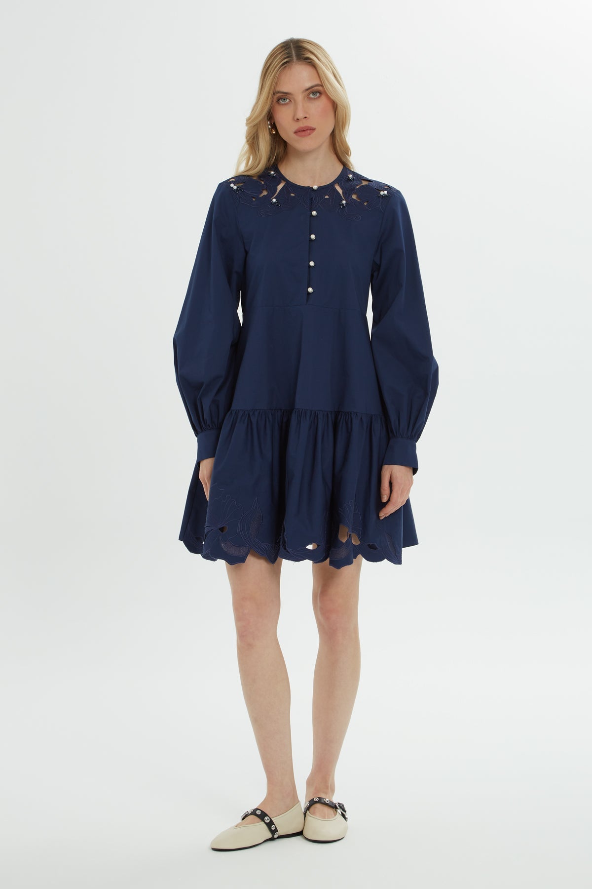 Navy Pearl-Button Short Dress