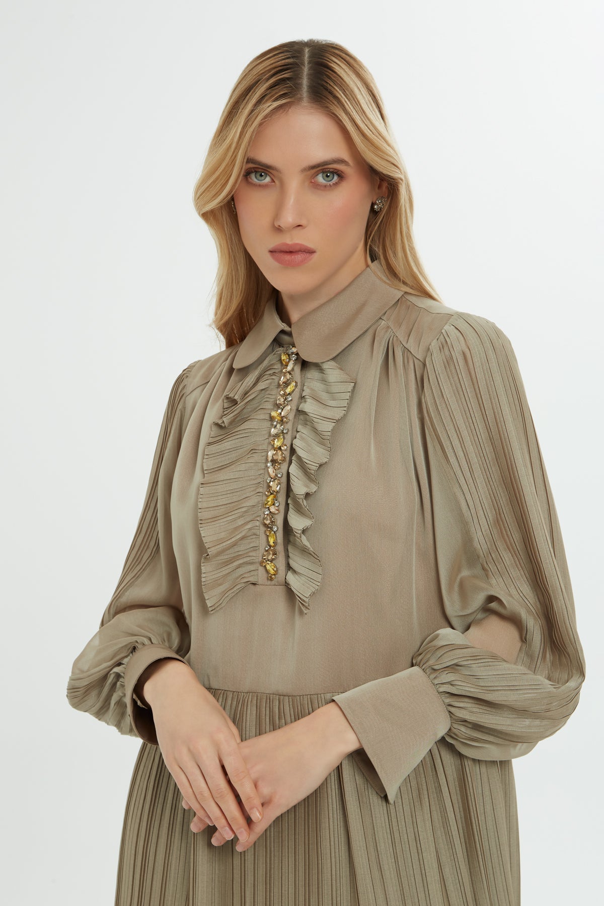 Beige Pleated Maxi Dress