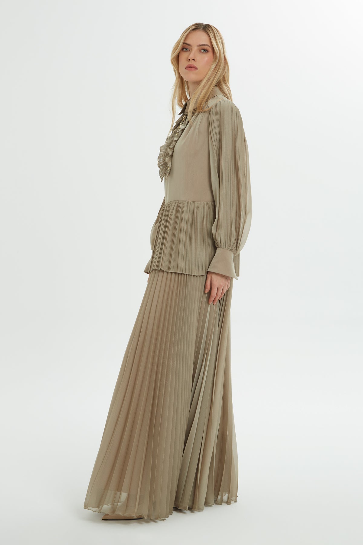 Beige Pleated Maxi Dress