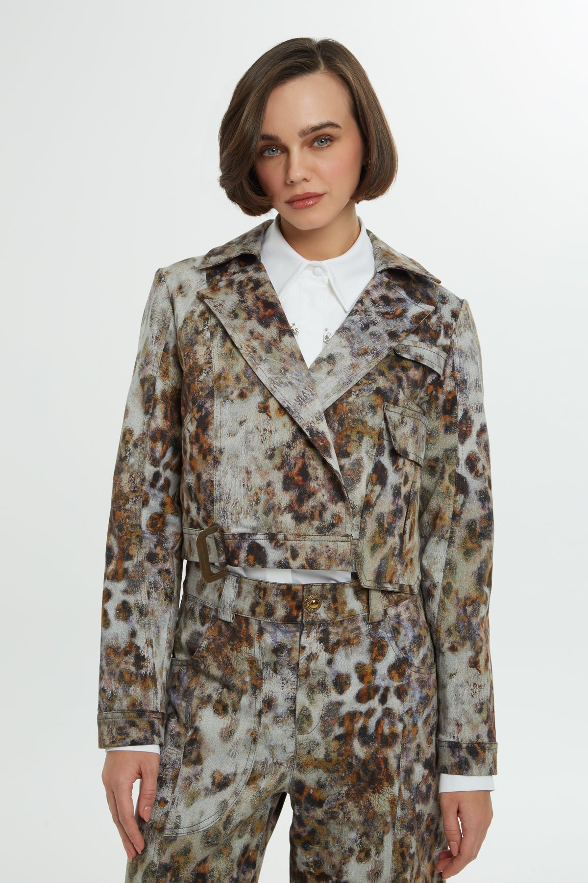 Brown Leopard-Print Cropped Blazer