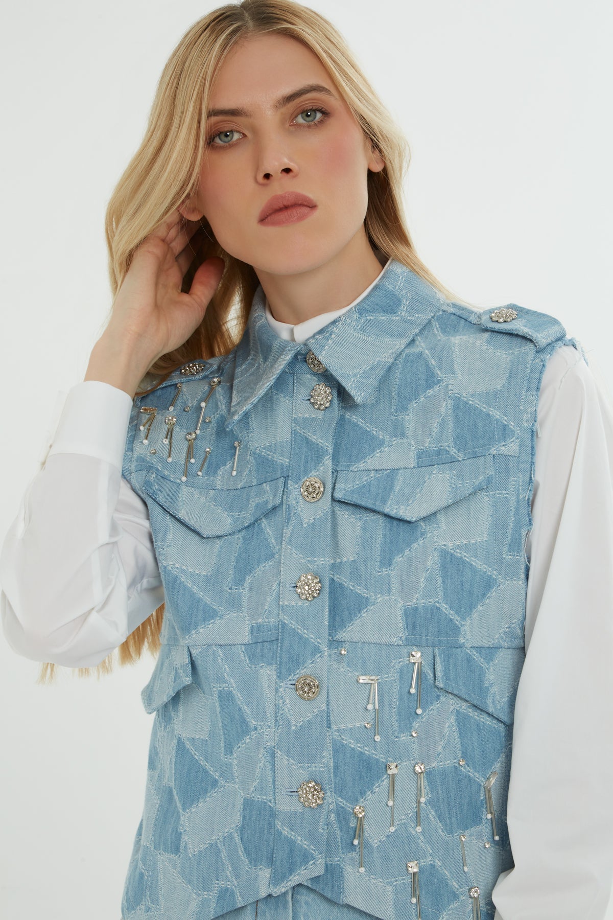 Blue Pocketed Embroidered Denim Vest