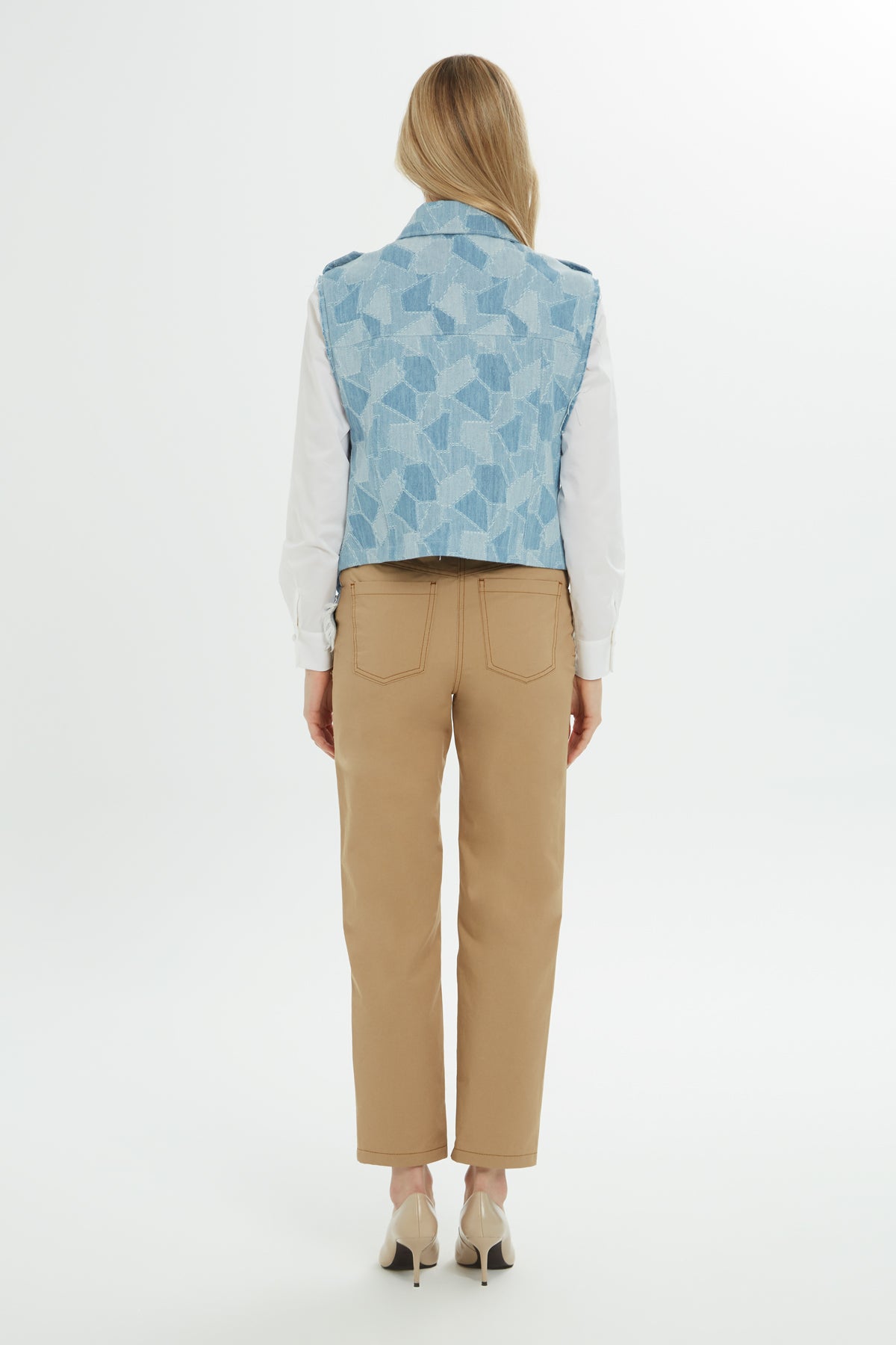 Blue Pocketed Embroidered Denim Vest