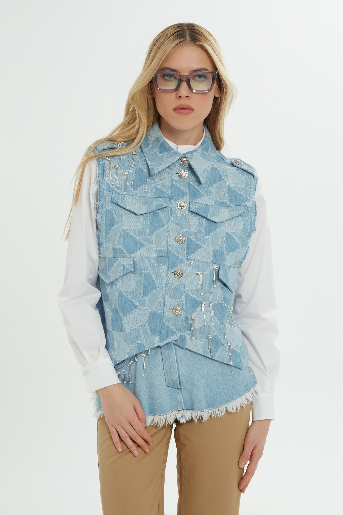 Blue Pocketed Embroidered Denim Vest