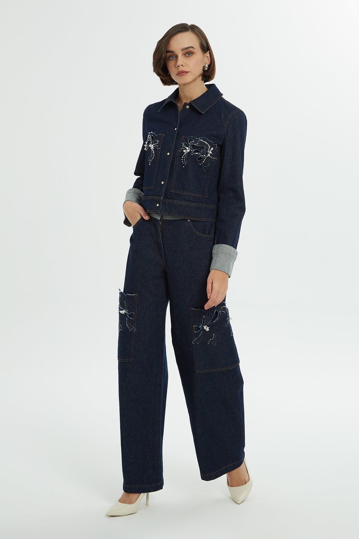 Blue Pearl-Embroidered Denim Jacket