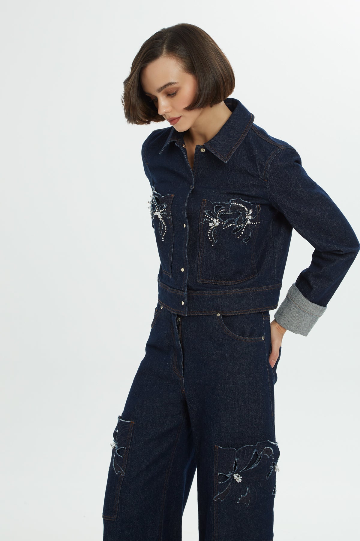 Blue Pearl-Embroidered Denim Jacket