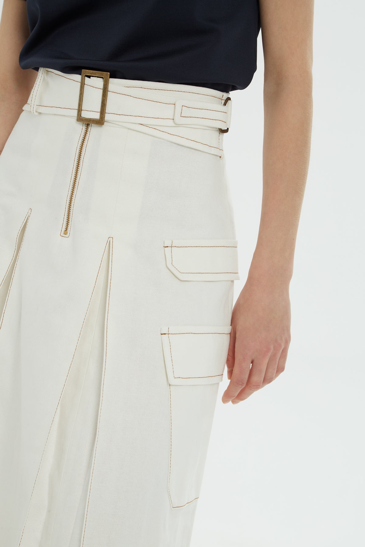 Ecru Belted Midi Skirt