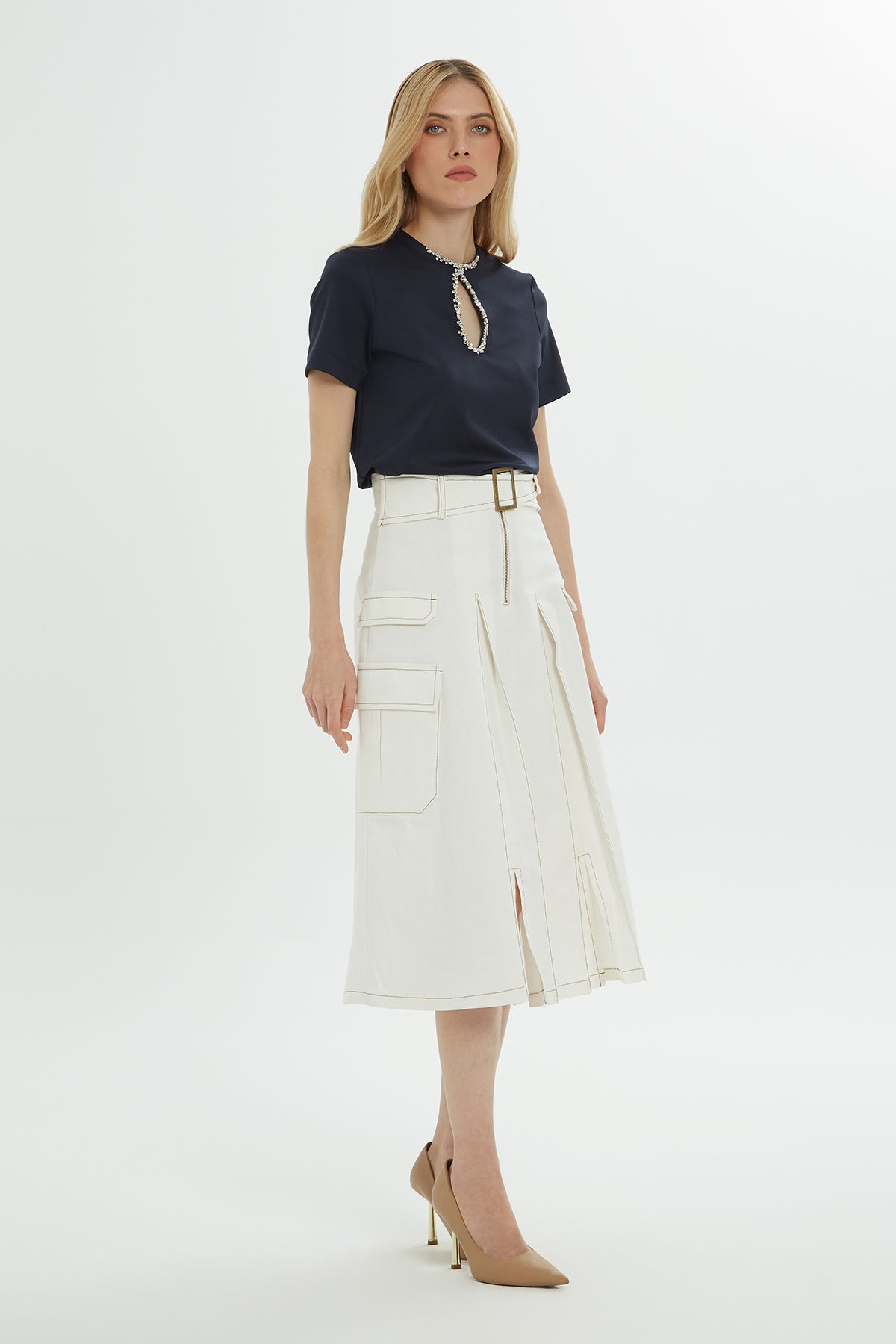 Ecru Belted Midi Skirt