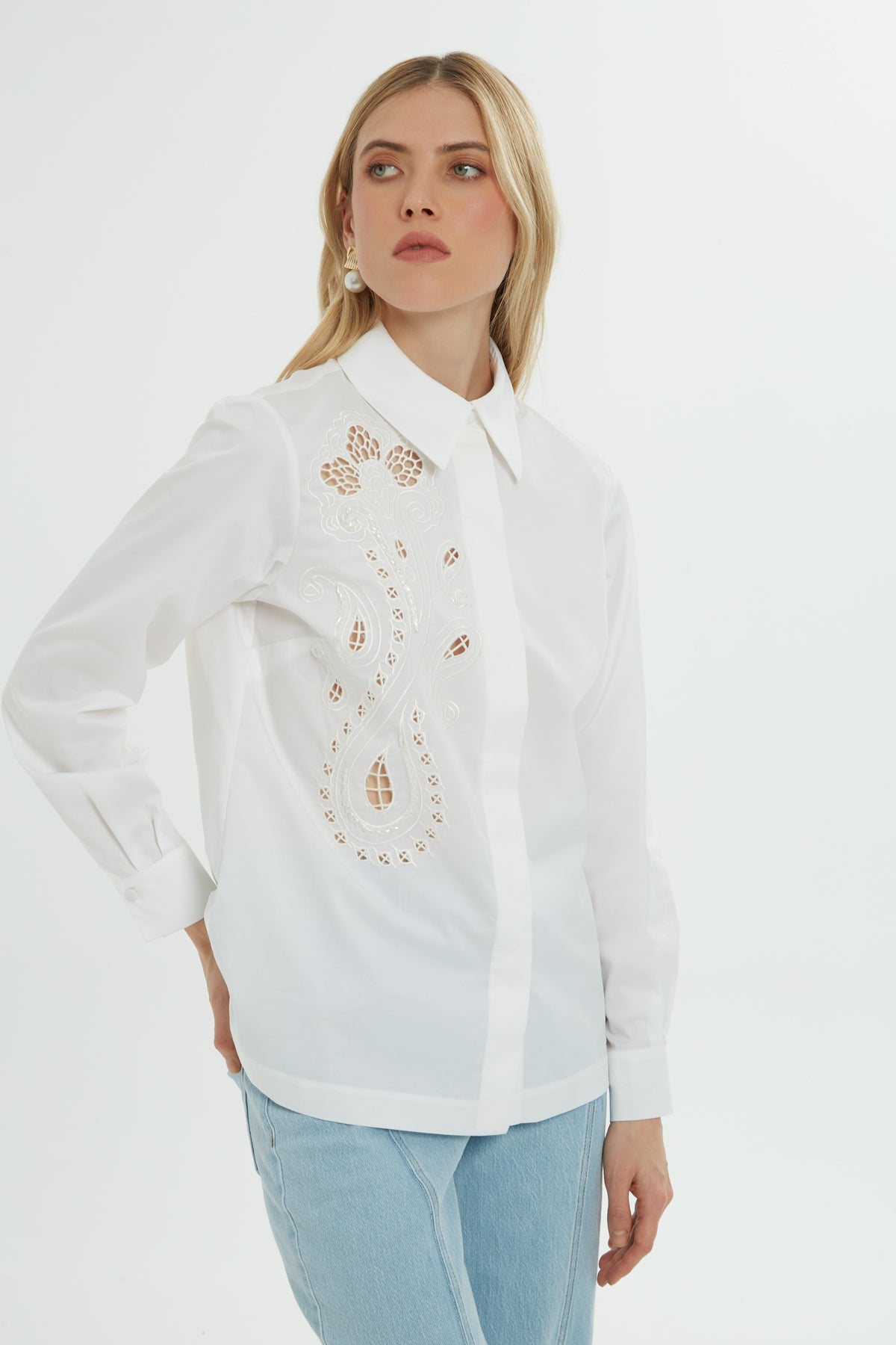 White Cutout Long-Sleeve Shirt