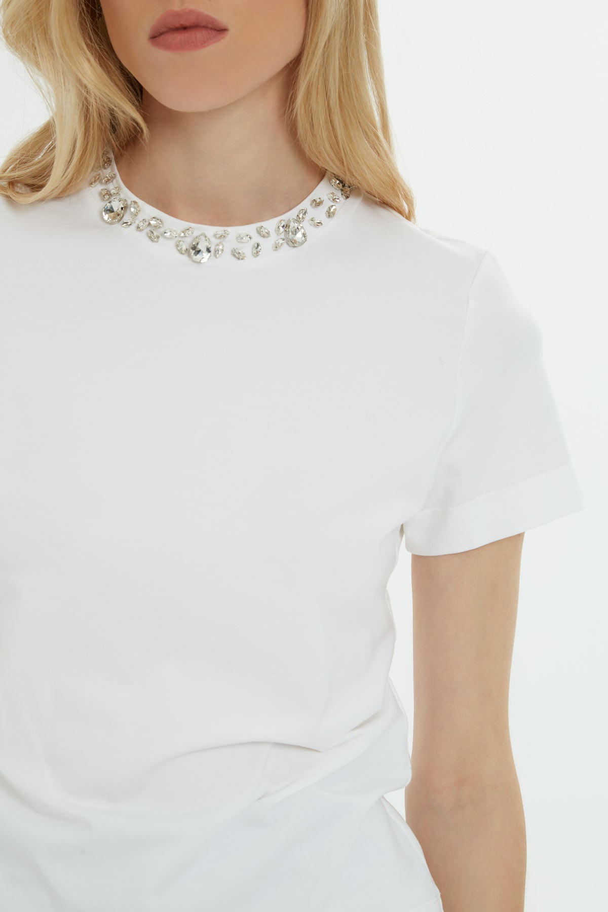 White T-Shirt with Stone-Embellished Collar