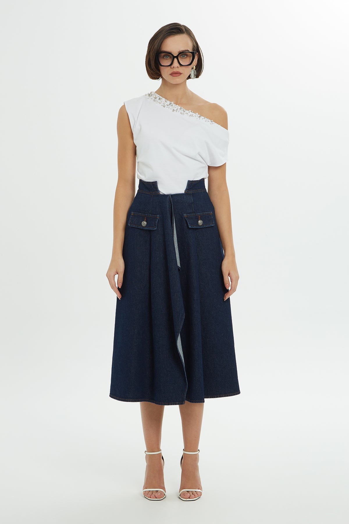 Blue Slit-Detail Midi Denim Skirt