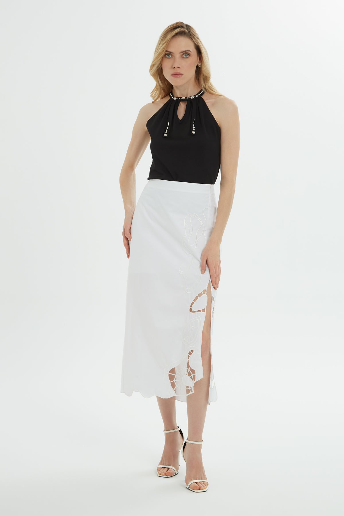 White Embroidered Cotton Midi Skirt
