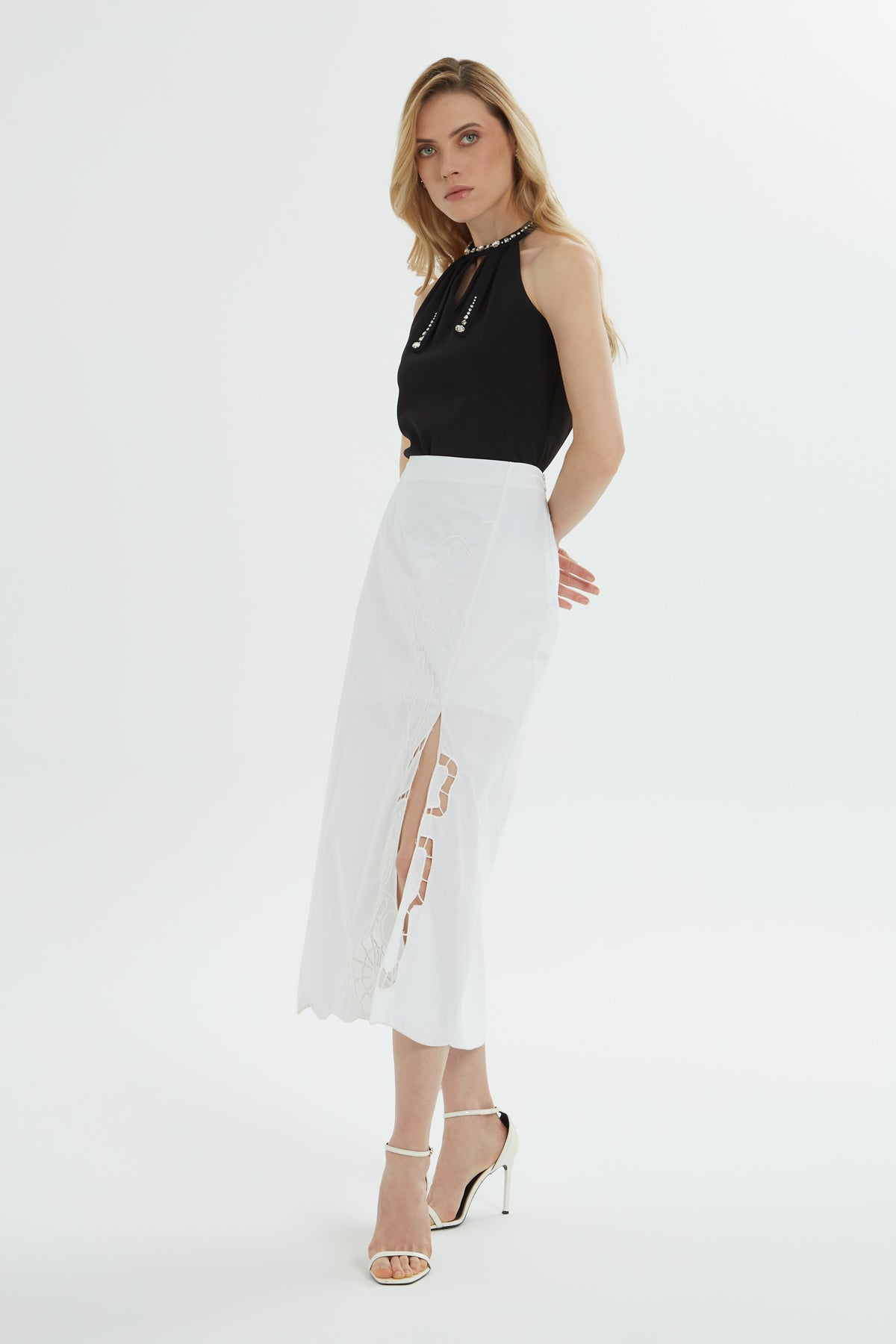 White Embroidered Cotton Midi Skirt