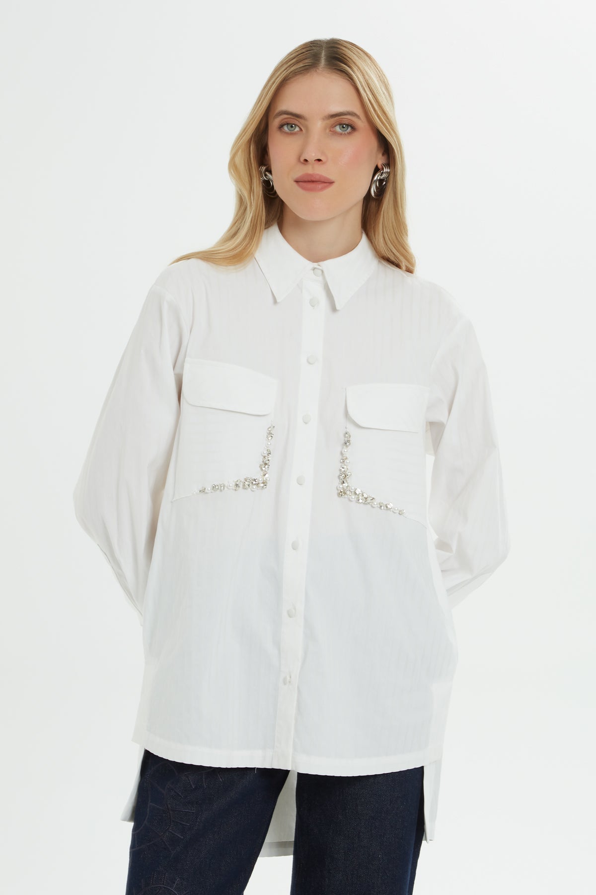 White Embroidered-Pocket Cotton Shirt