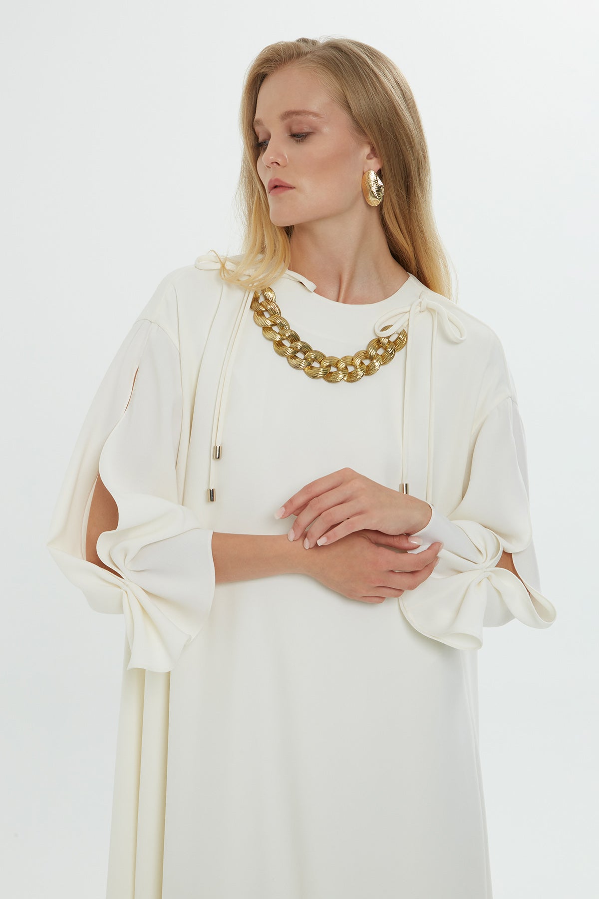 Ecru Accessory-Detail Midi Dress