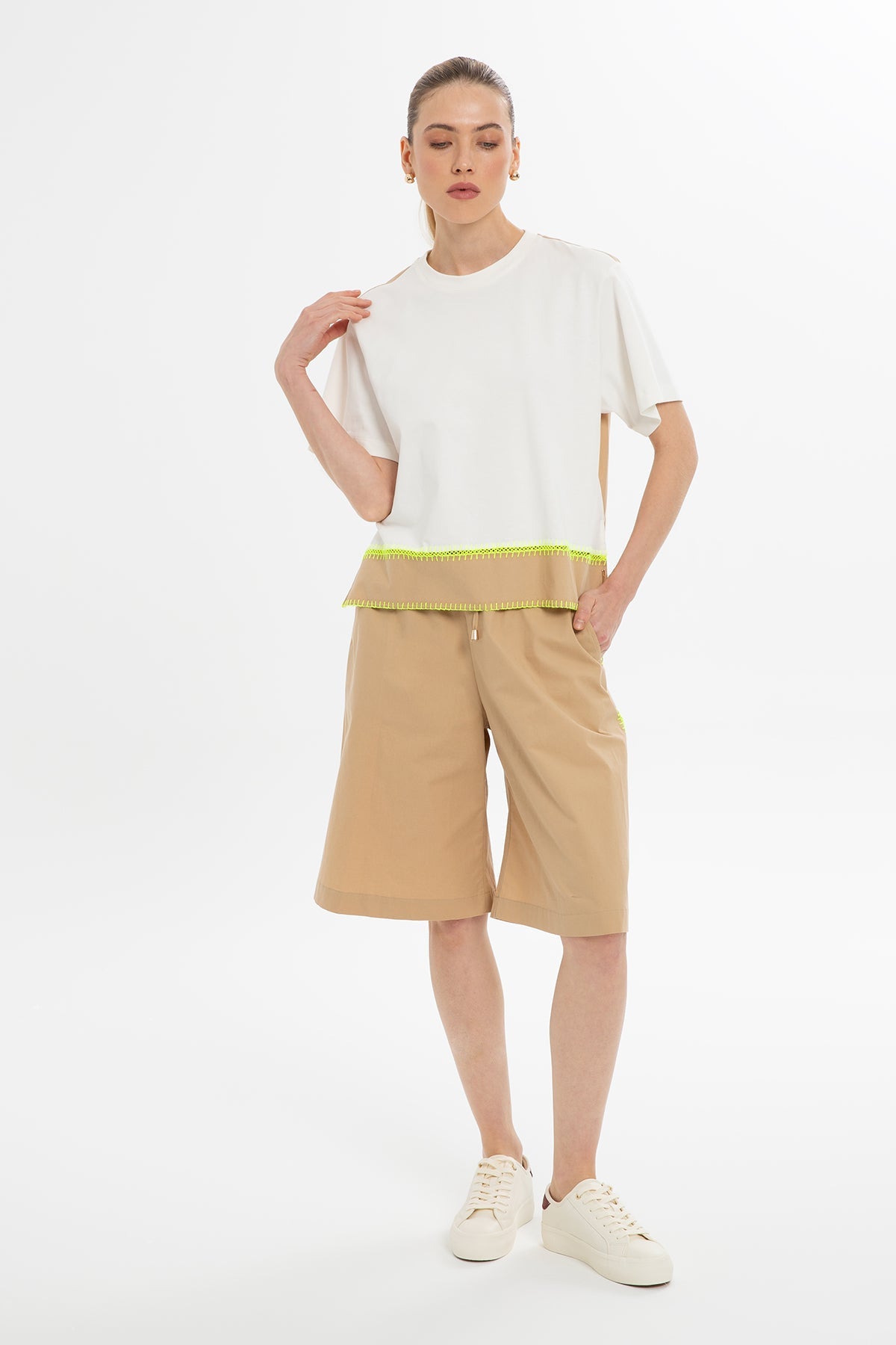 Beige Neon-Stitch Side Shorts