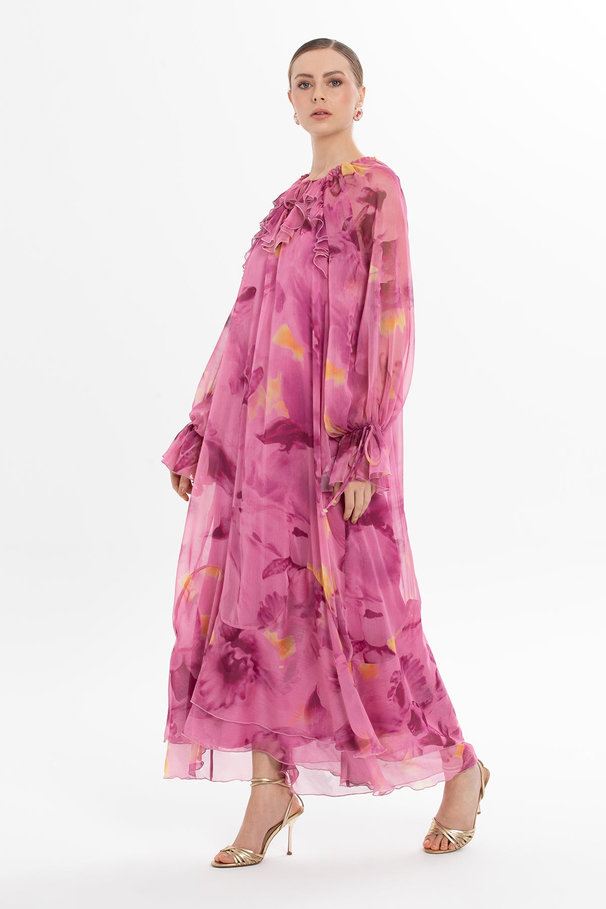 Printed Ruffled Chiffon Long Dress