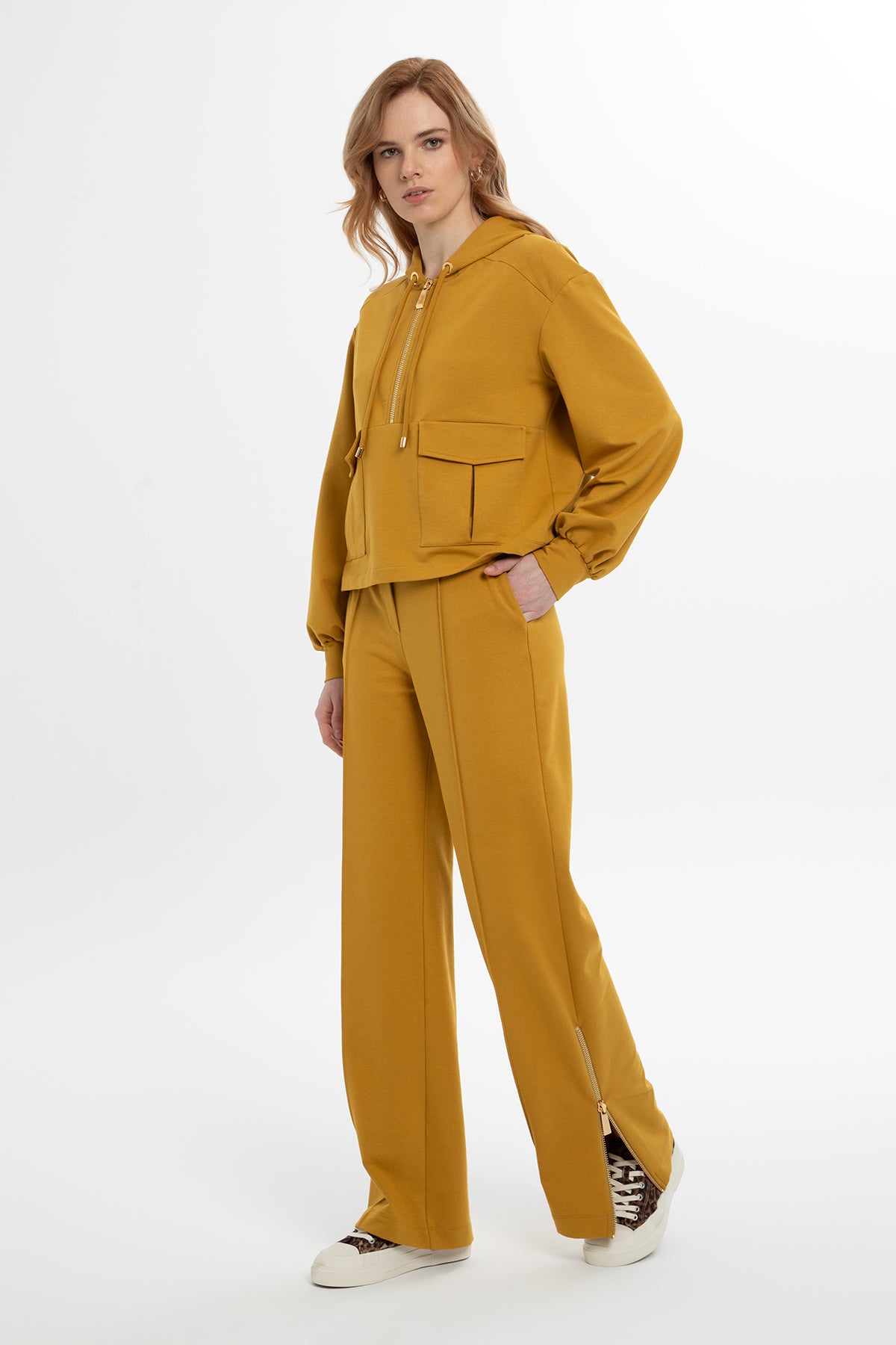 Yellow Hooded Cargo-Pocket Tracksuit