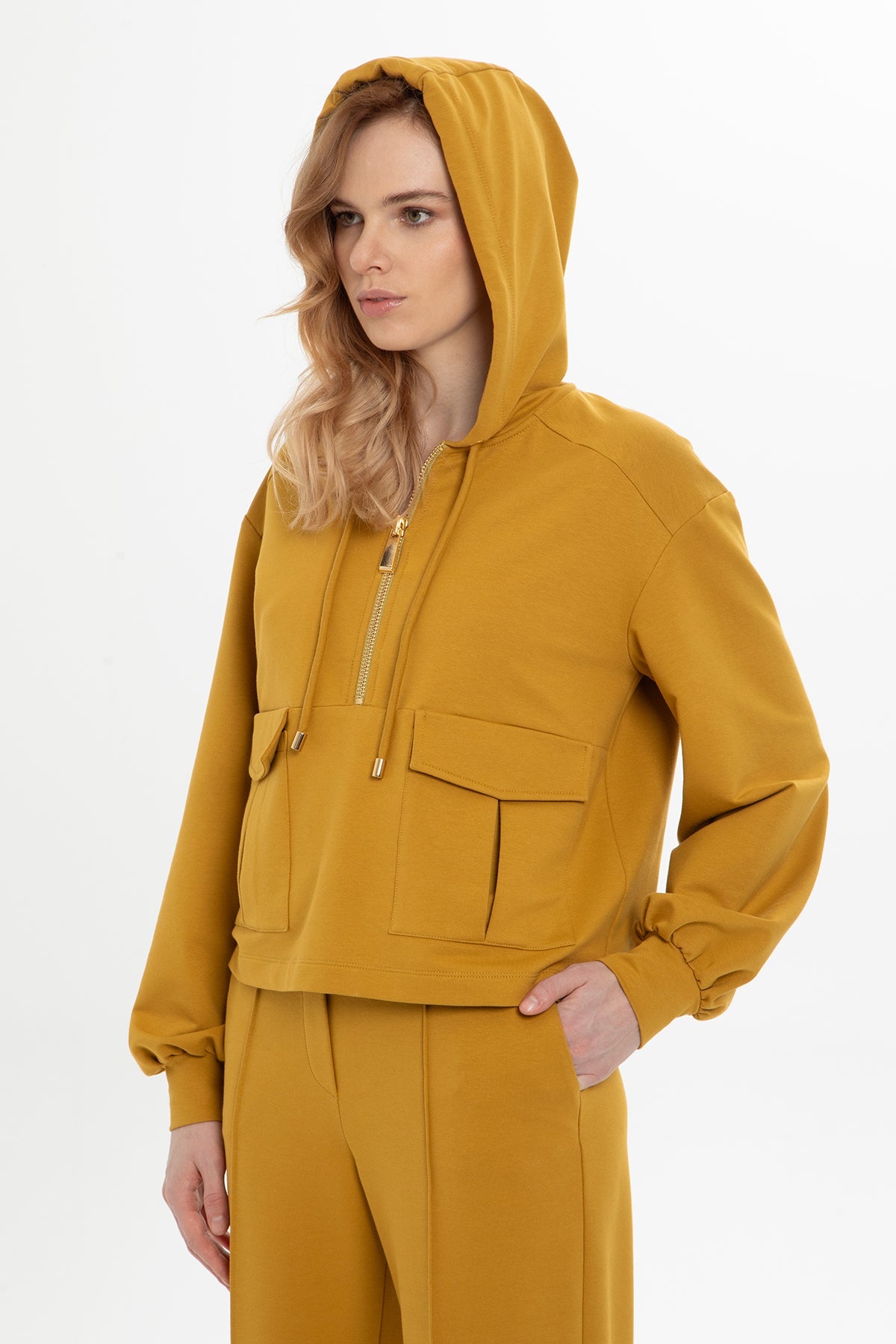 Yellow Hooded Cargo-Pocket Tracksuit