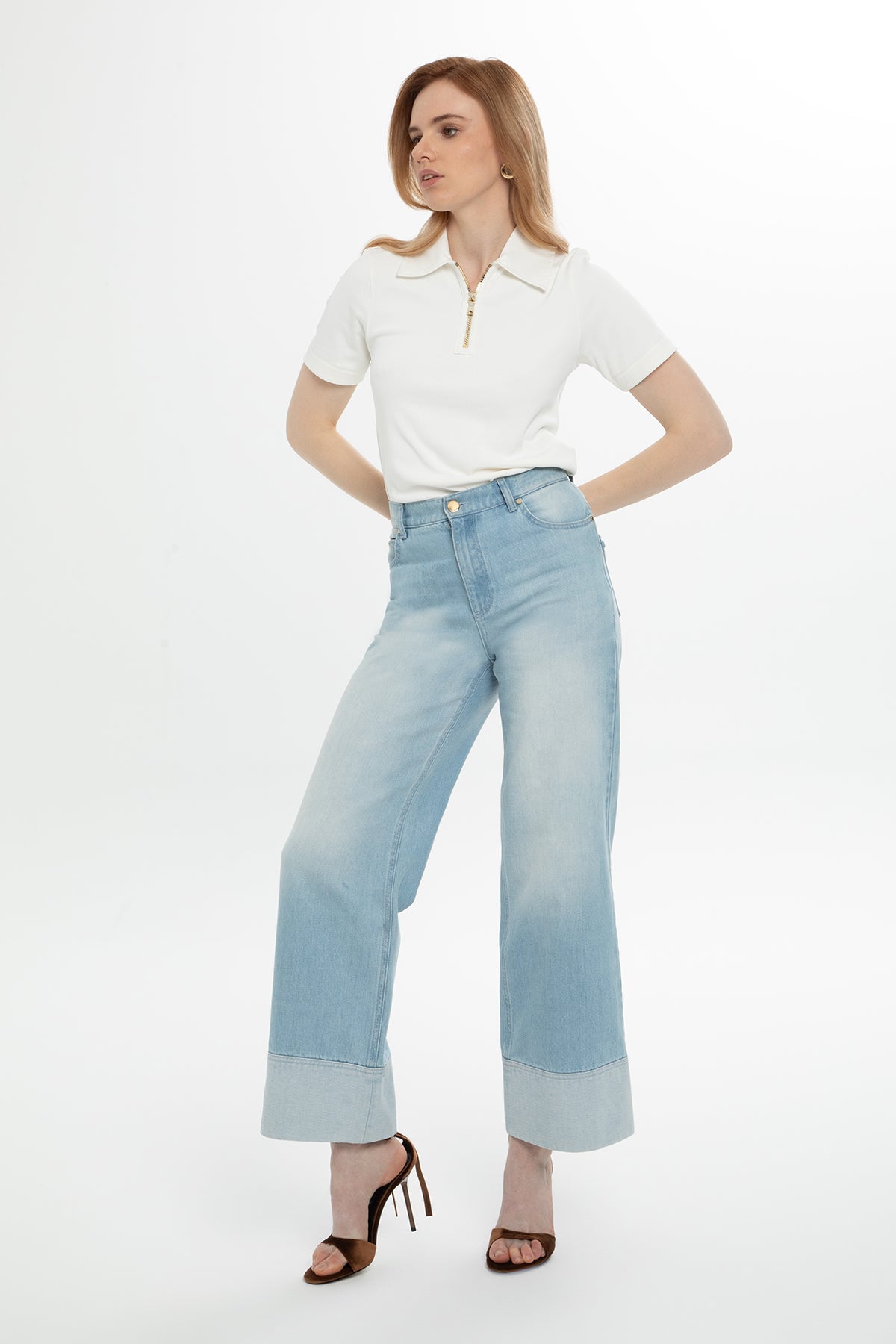 Blue Double-Hem Wide-Leg Jeans