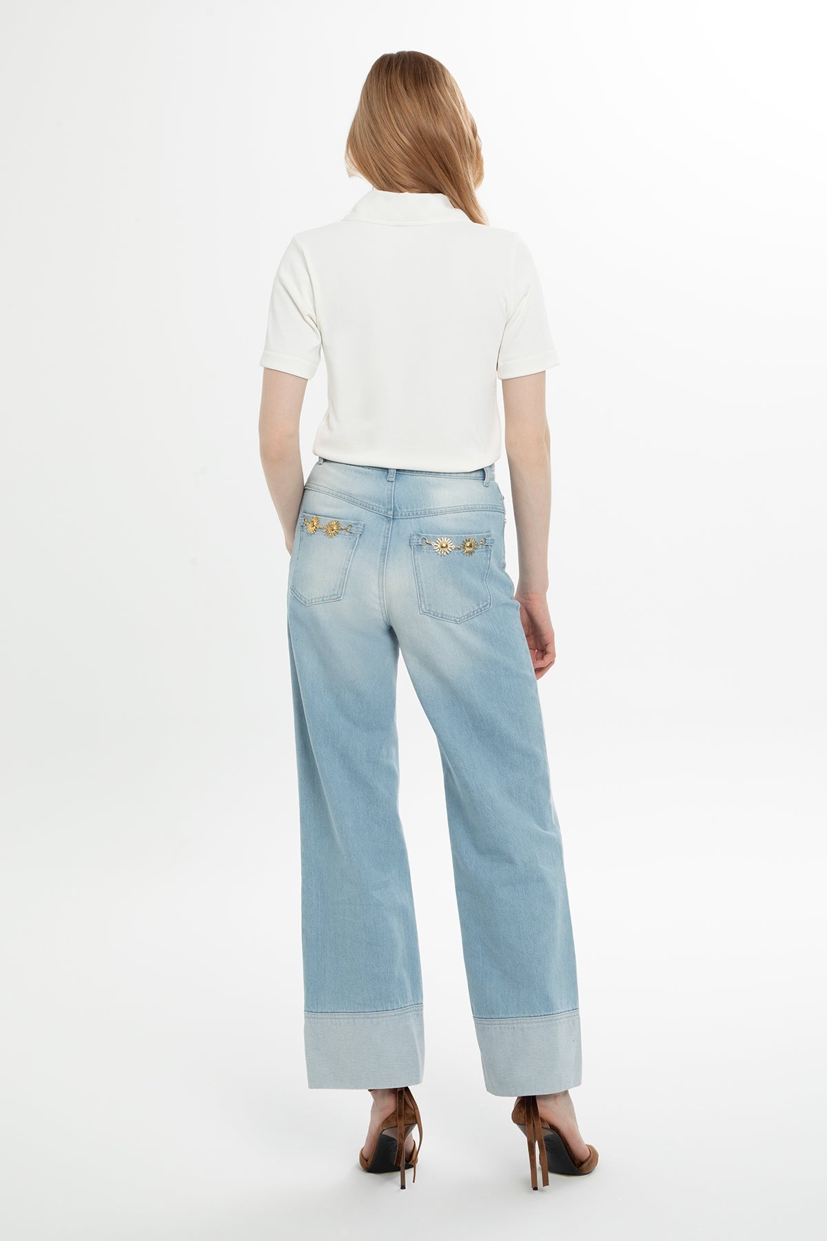 Blue Double-Hem Wide-Leg Jeans