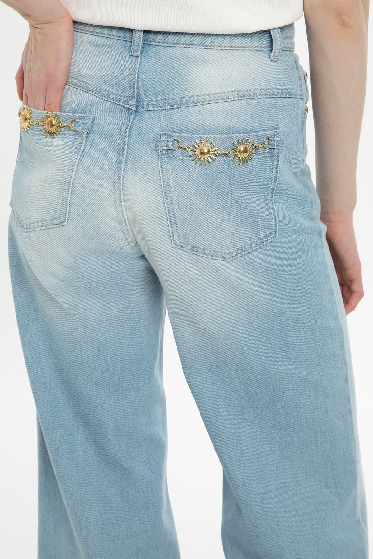 Blue Double-Hem Wide-Leg Jeans