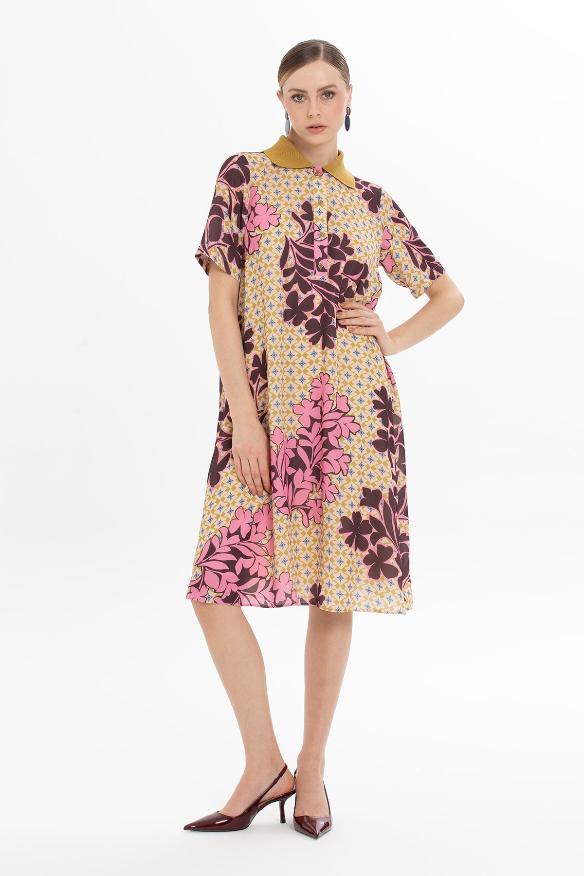 Printed Midi Dress with Ribbed Collar