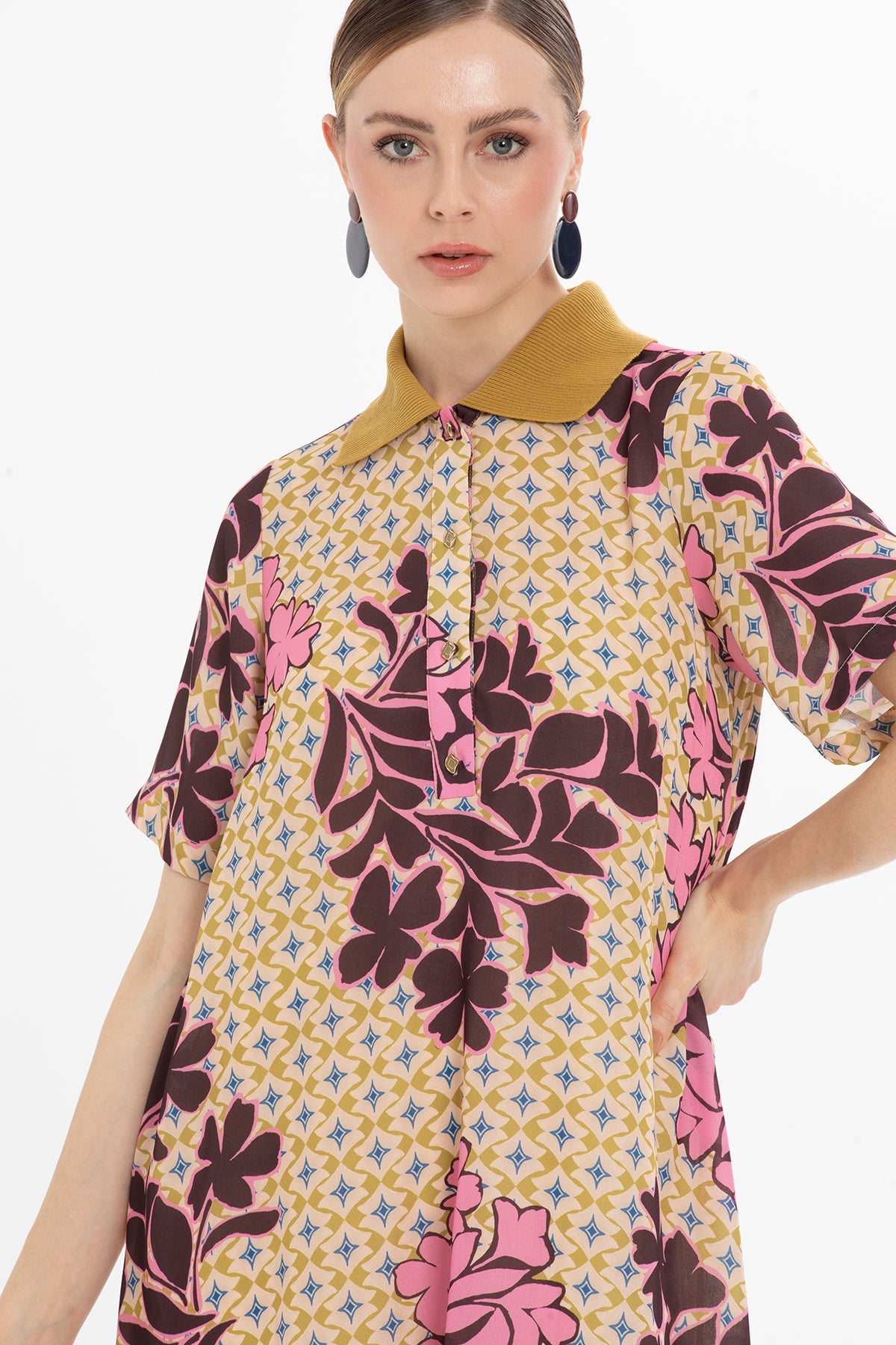 Printed Midi Dress with Ribbed Collar