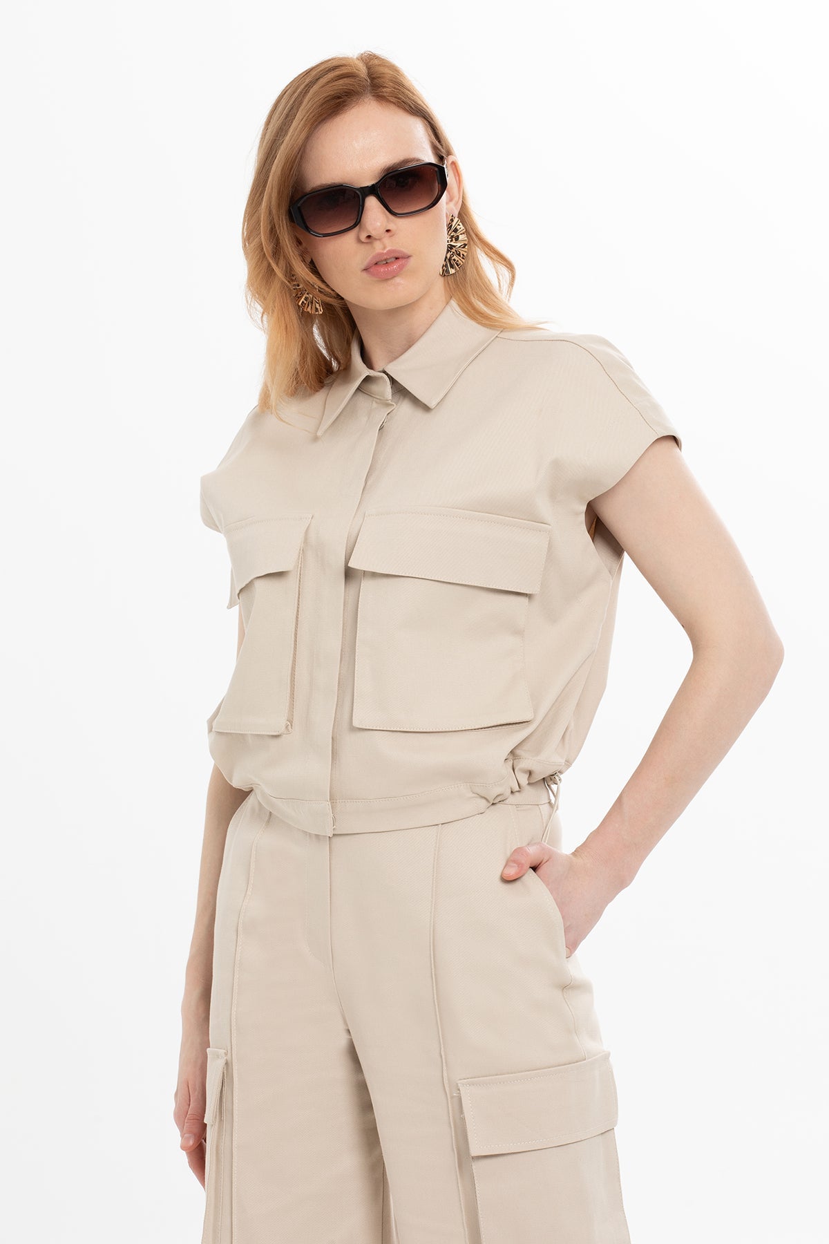 Beige Elastic Waist Blouse