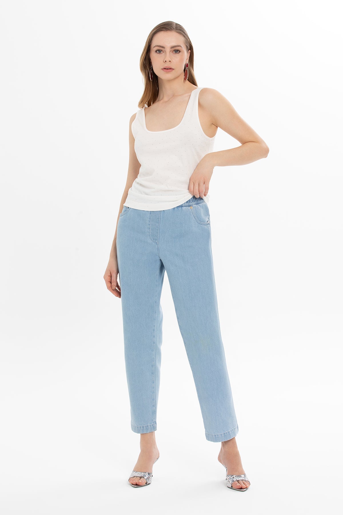Blue Elastic-Waist Ankle Jeans