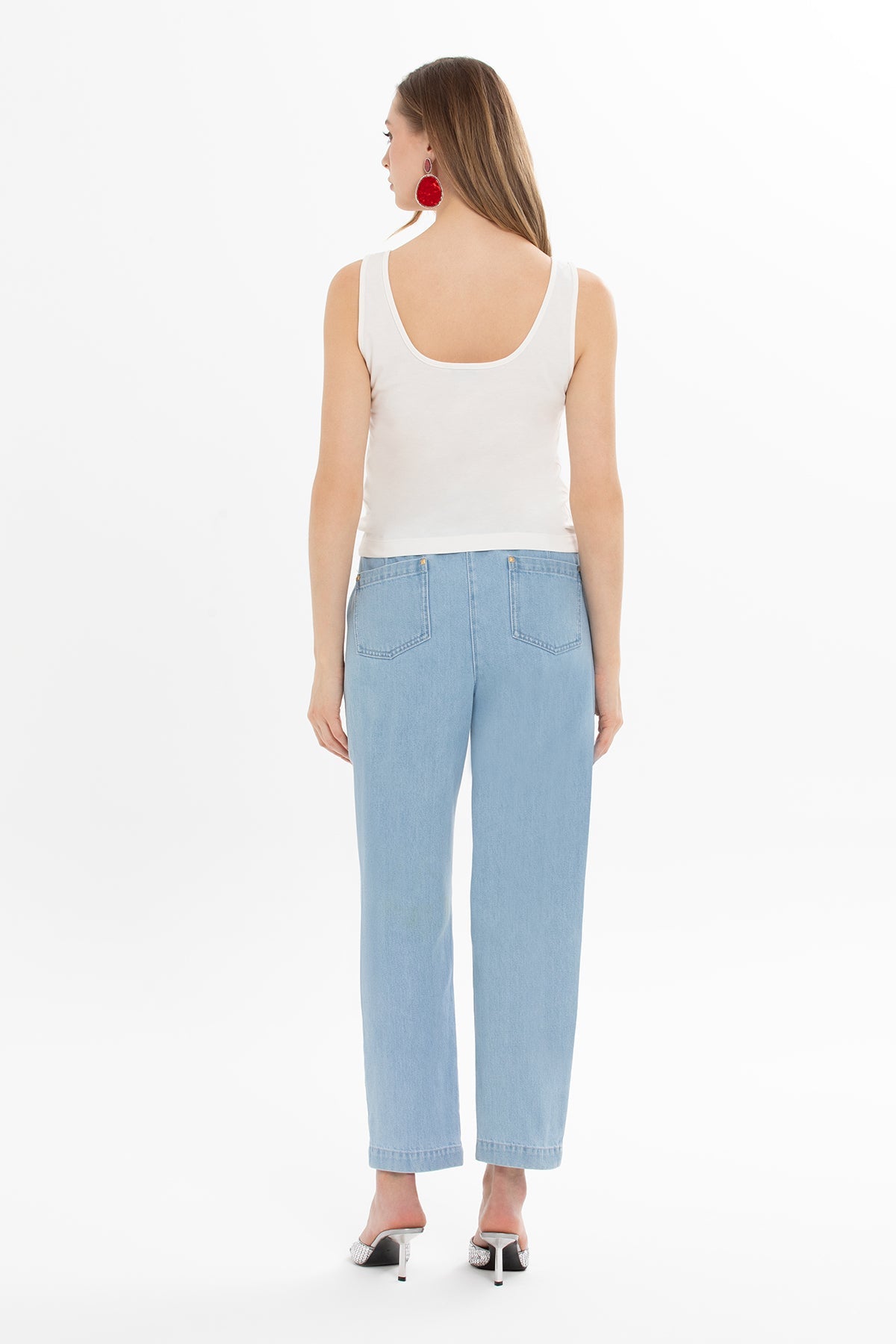 Blue Elastic-Waist Ankle Jeans