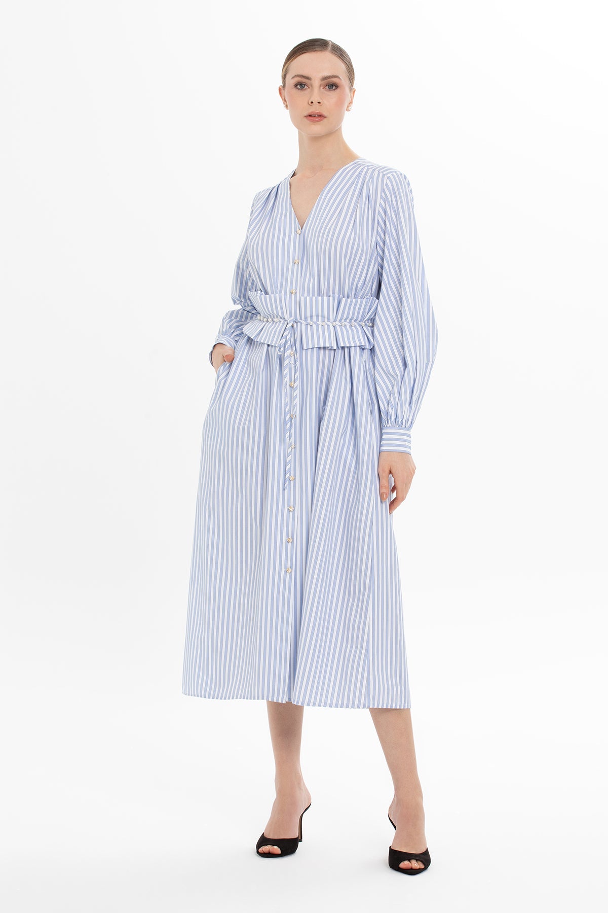 Blue Striped Dress with Belt Detail