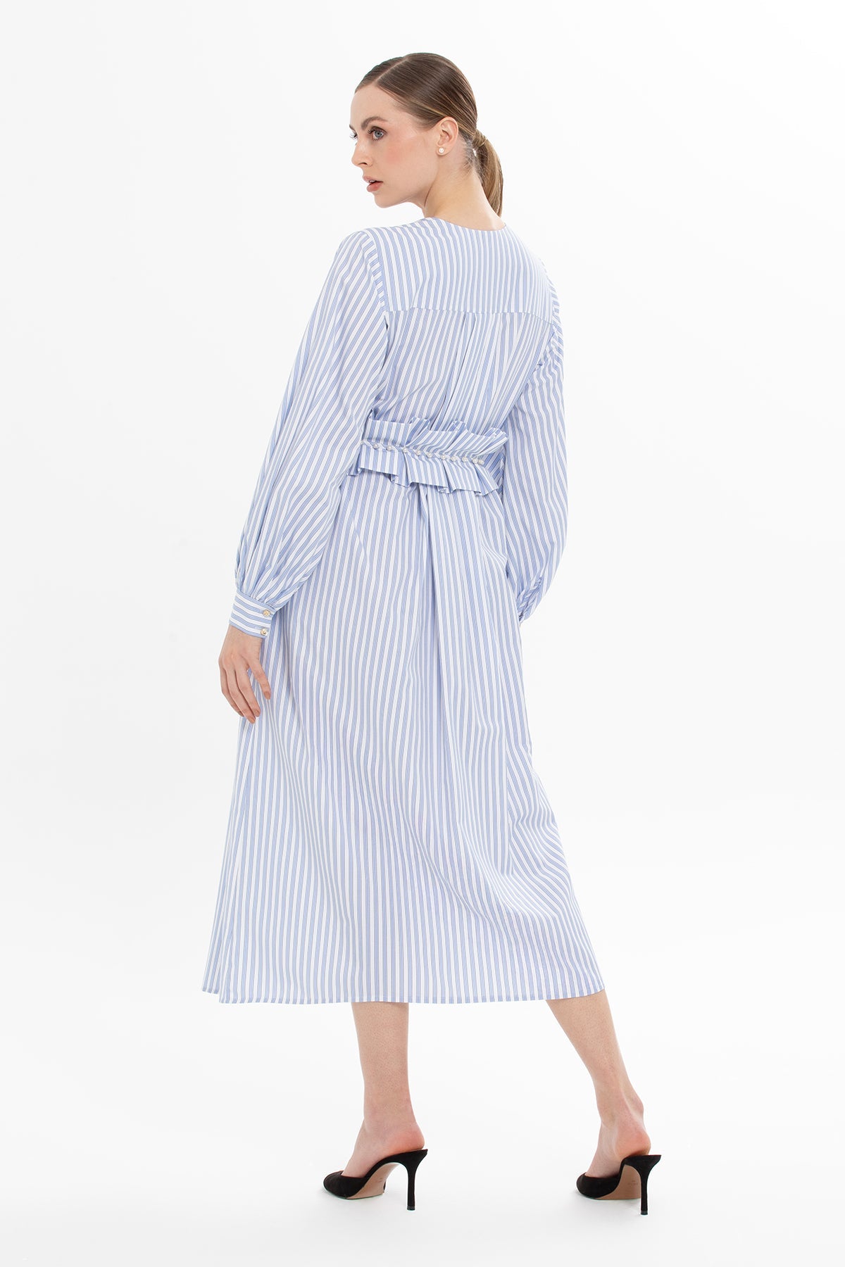 Blue Striped Dress with Belt Detail