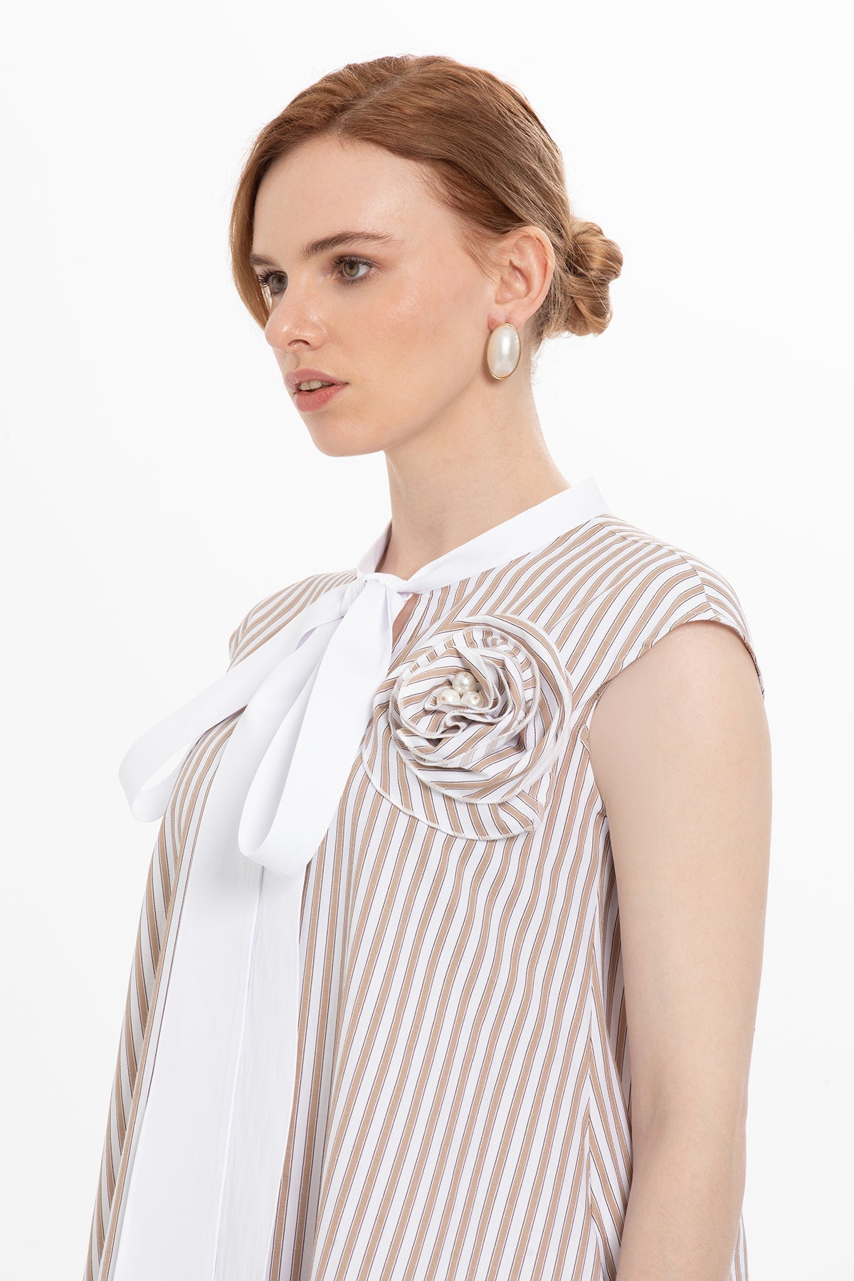 Beige Midi Dress with Collar Detail