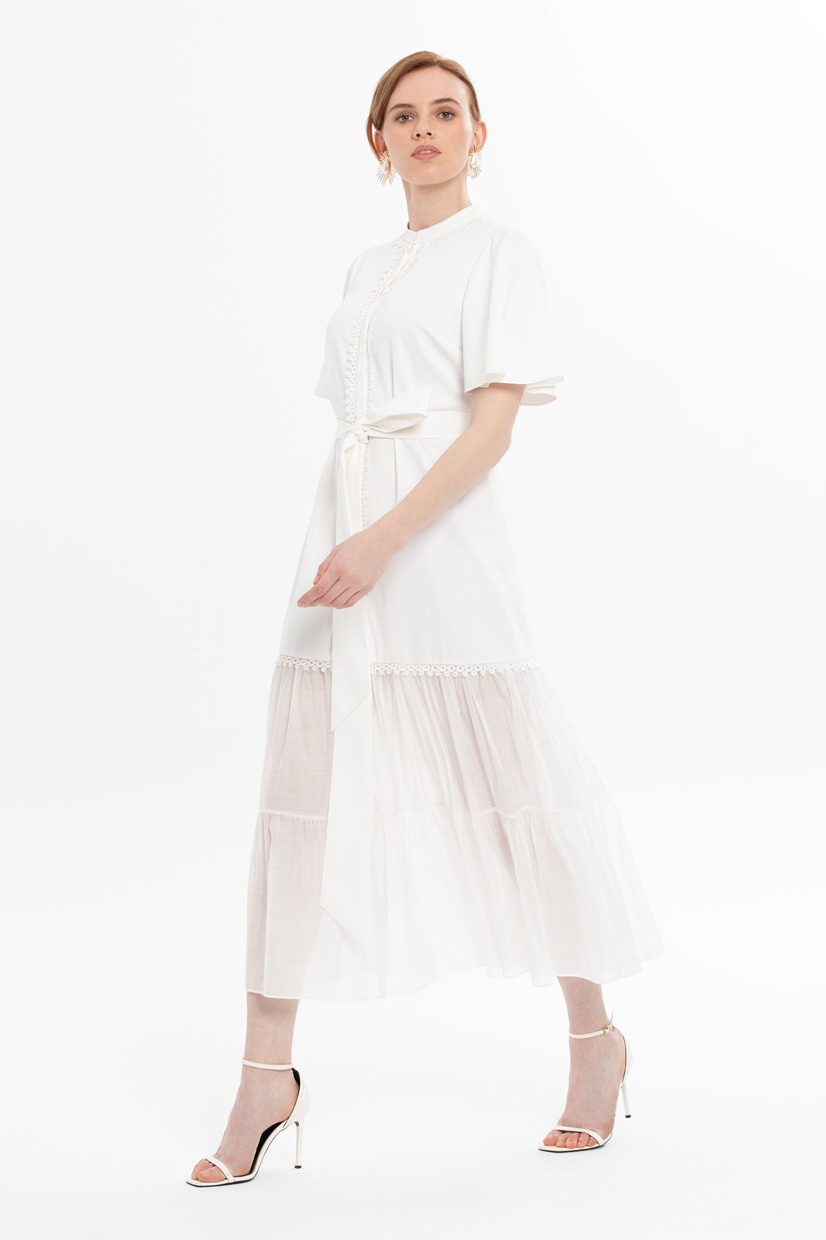 Ecru Midi Dress with Lace Details