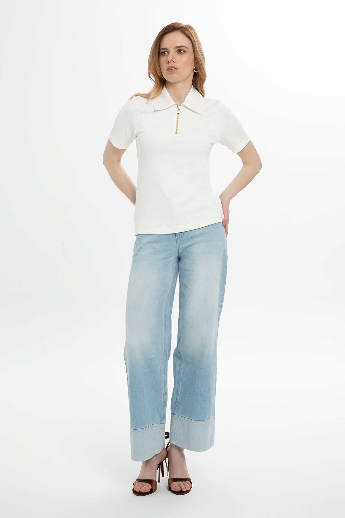 Half-Sleeve Blouse with Zipper Collar