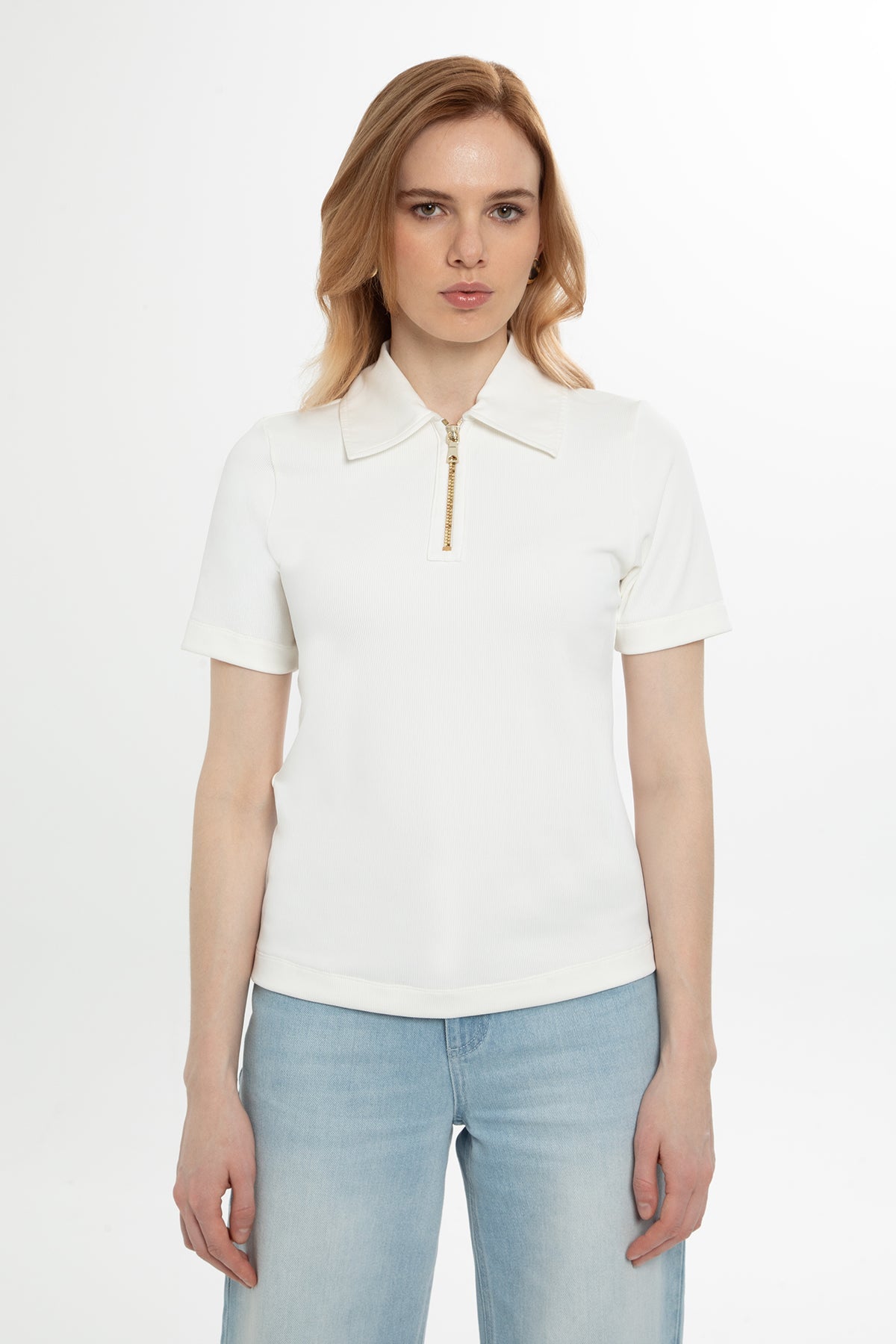 Half-Sleeve Blouse with Zipper Collar