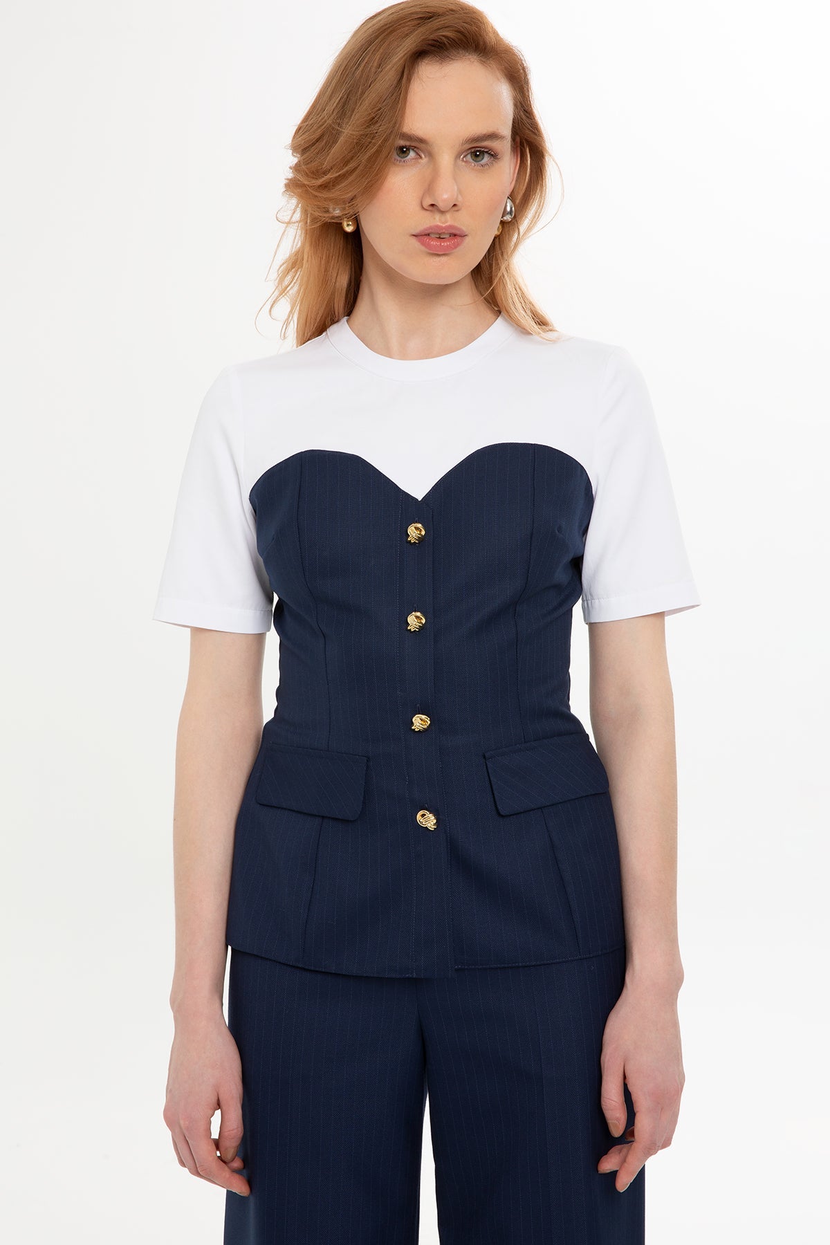 Striped Half-Sleeve Blouse Pants Set in