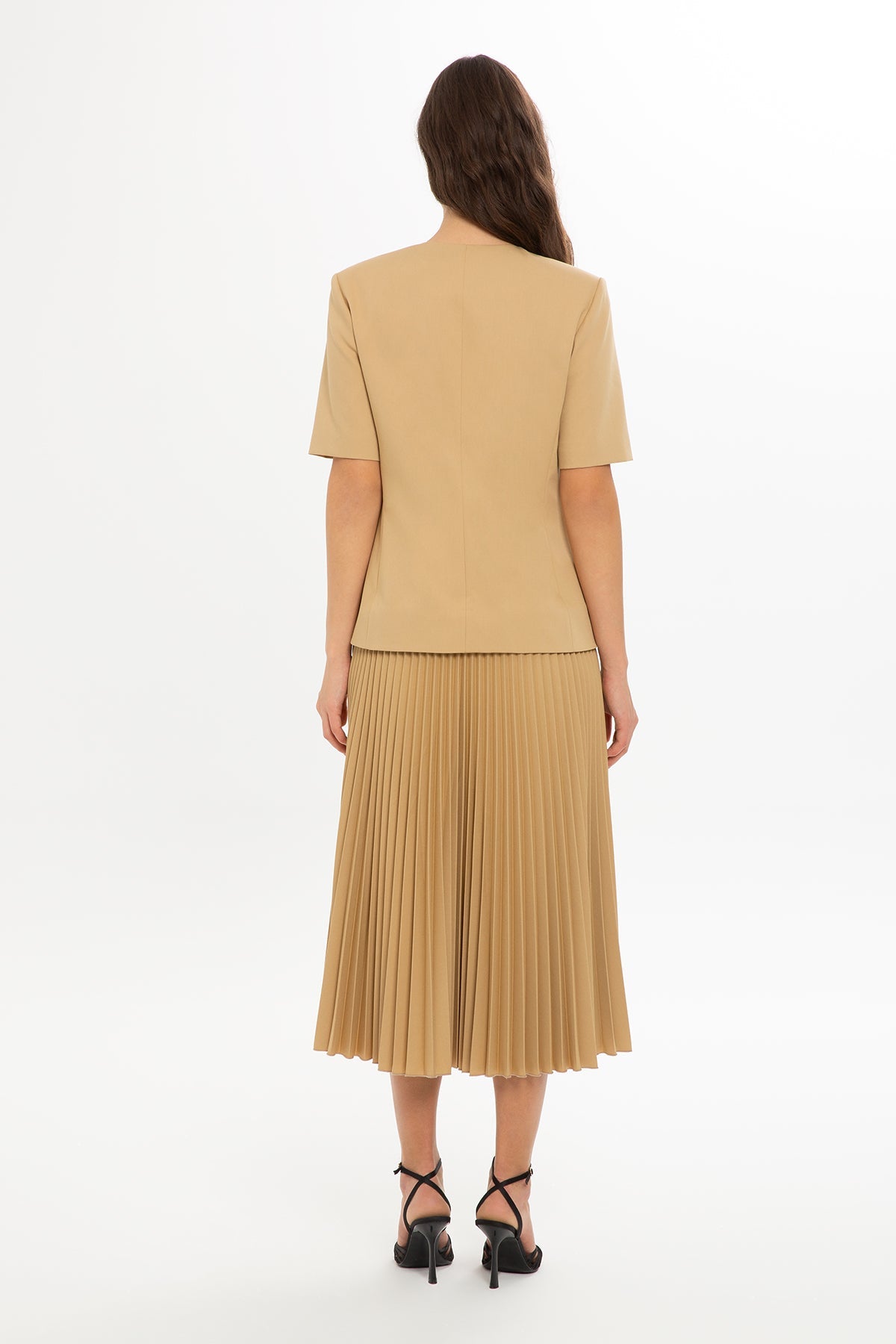 Beige Pleated Short-Sleeved Long Dress