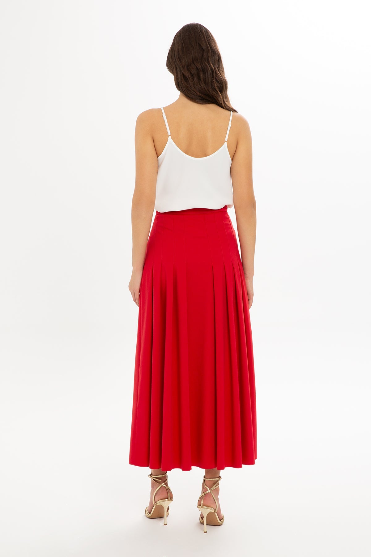 Red Button-Front Midi Skirt