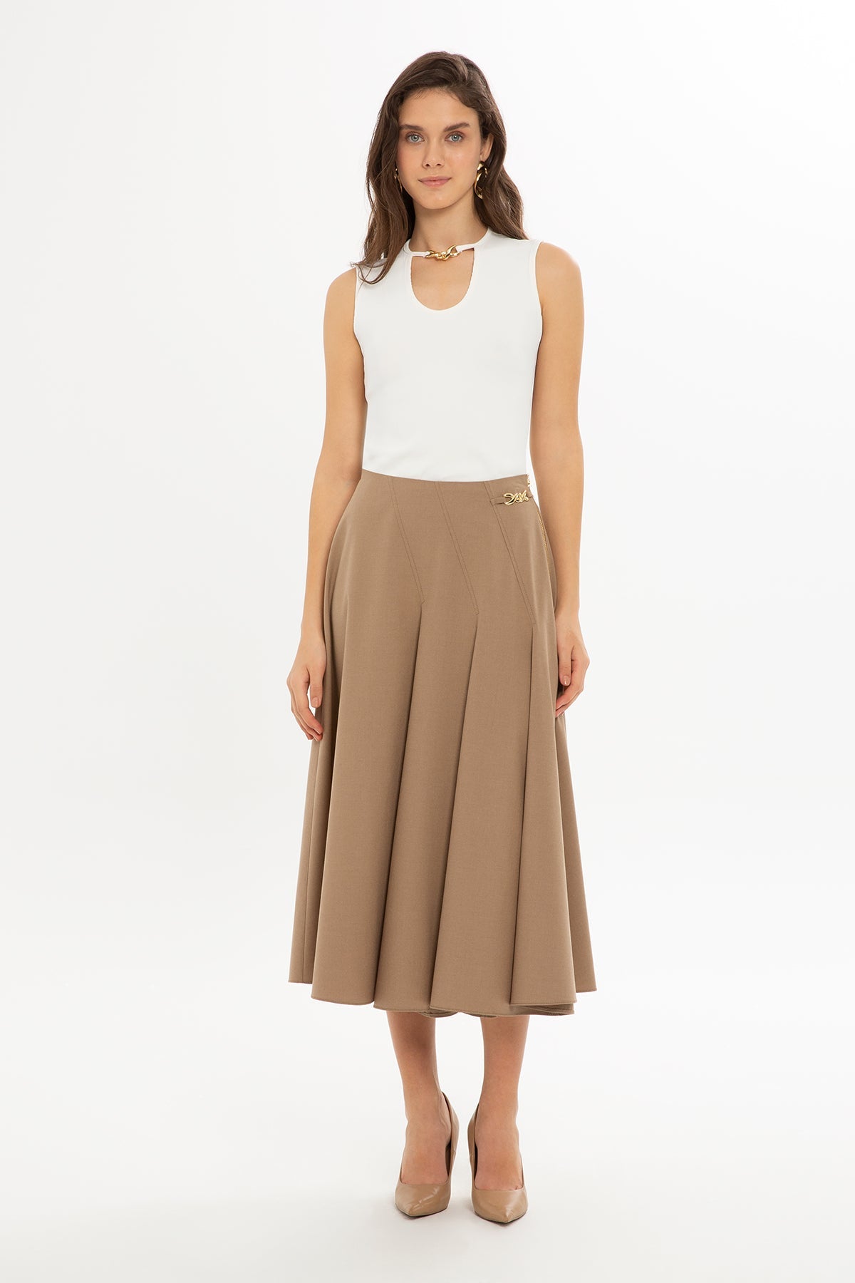 Beige Accessory-Detail Midi Skirt