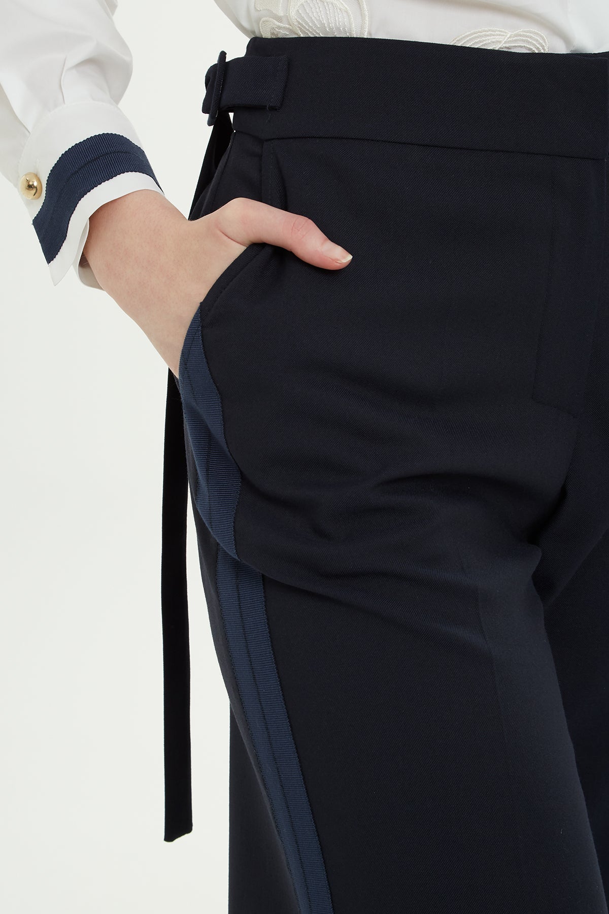 Navy Trousers with Slit Hem