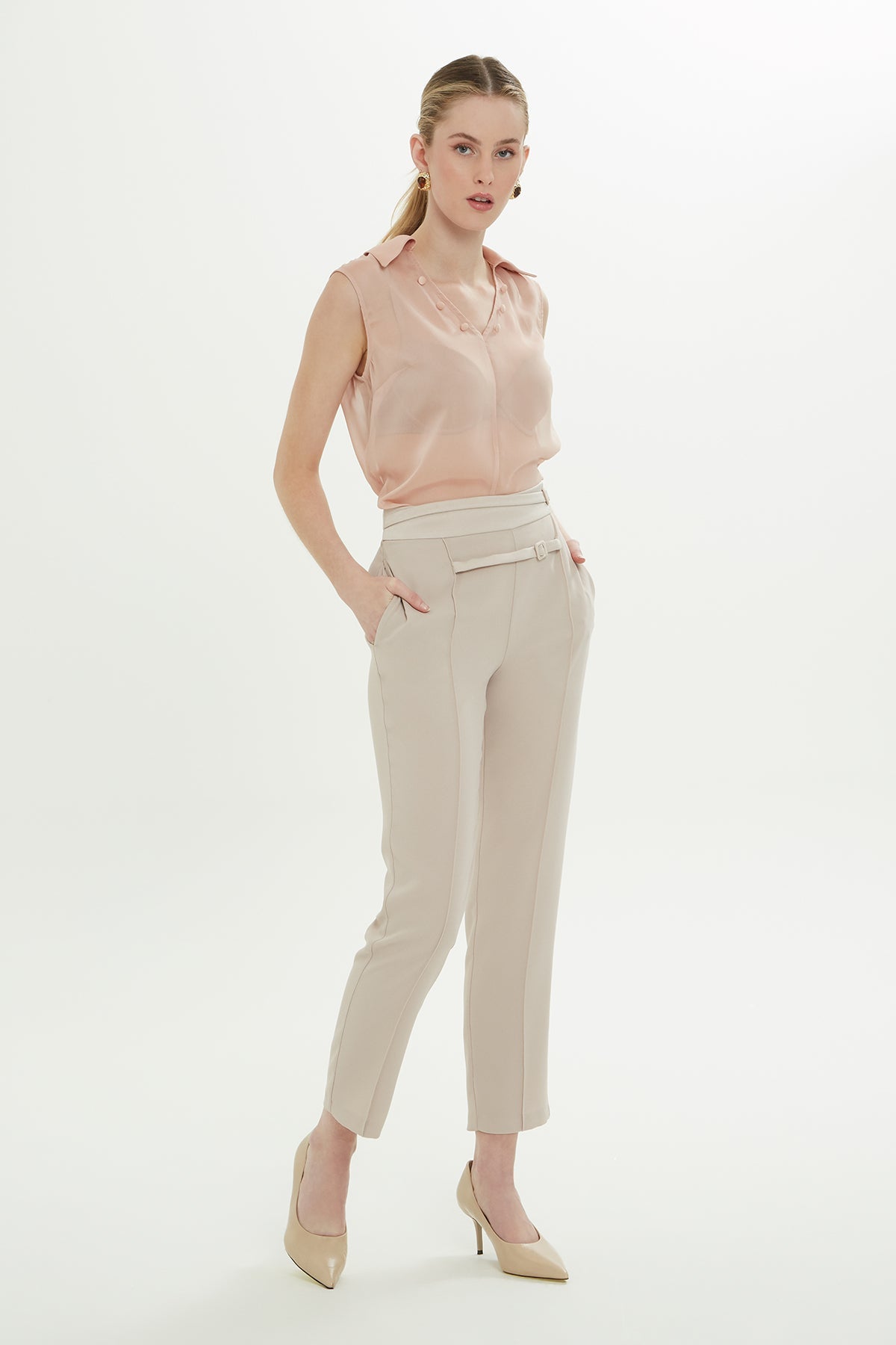 Beige Trousers with Belt Detail