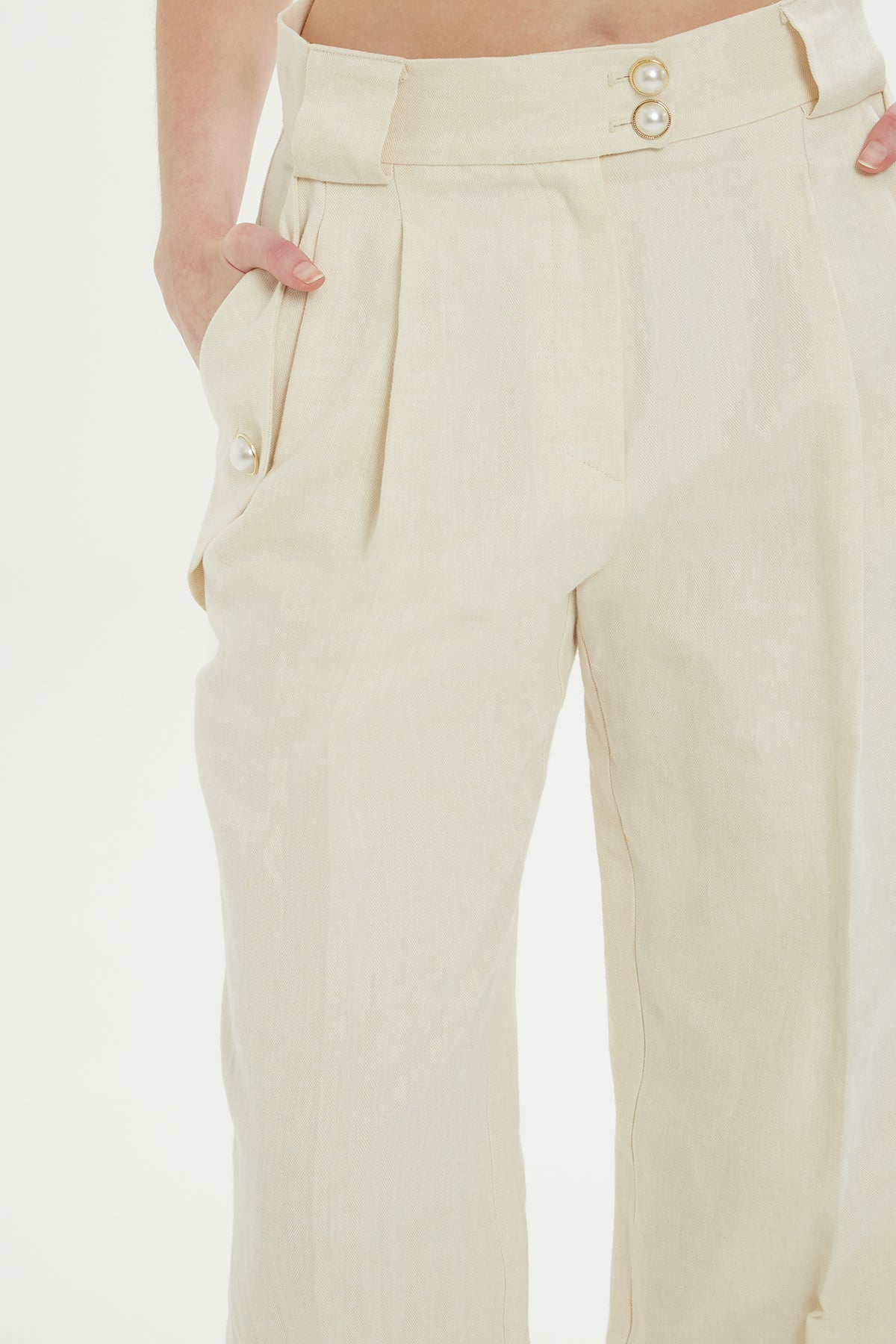 Beige Trousers with Gold Button Detail