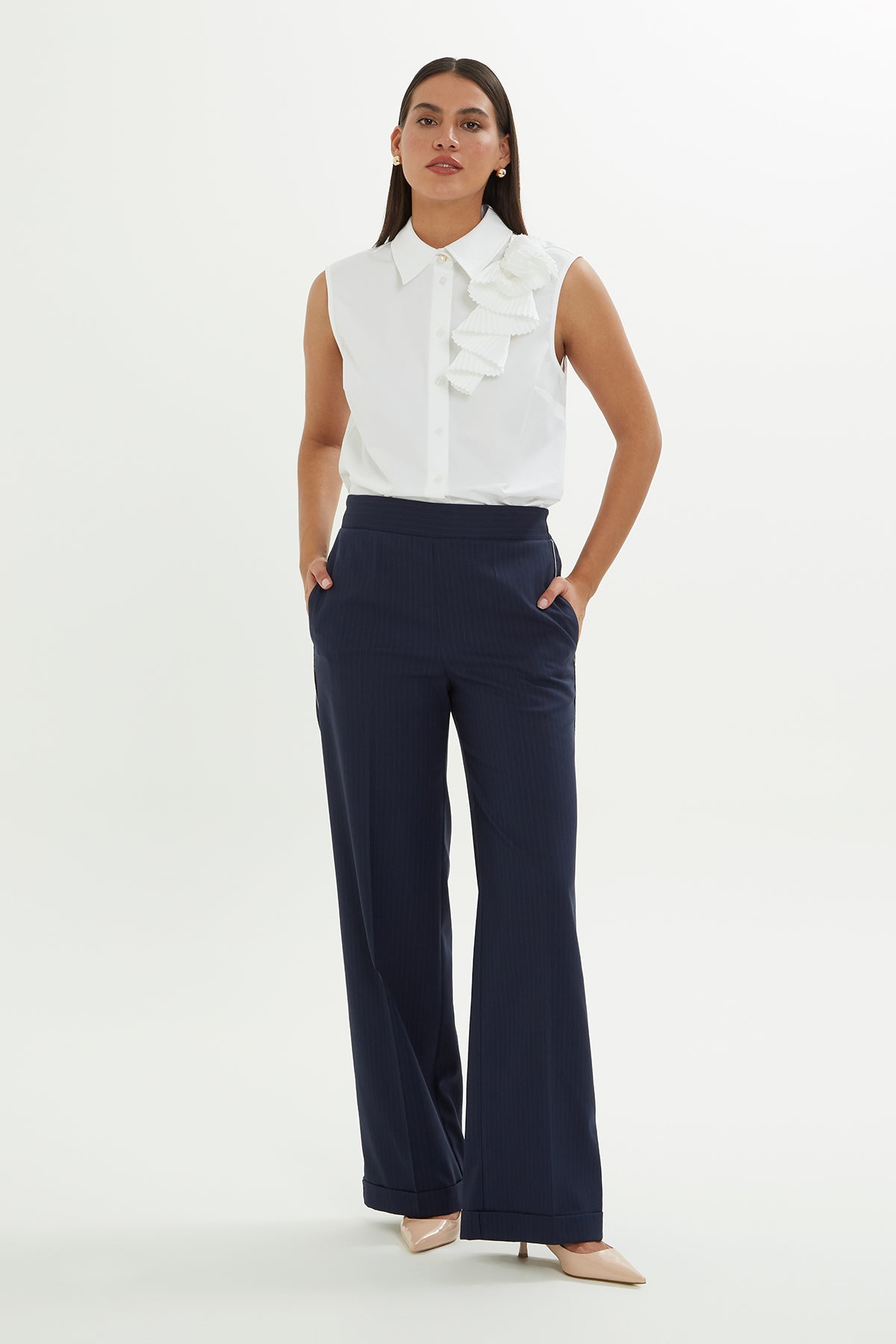Navy Striped Trousers with Chain Trim