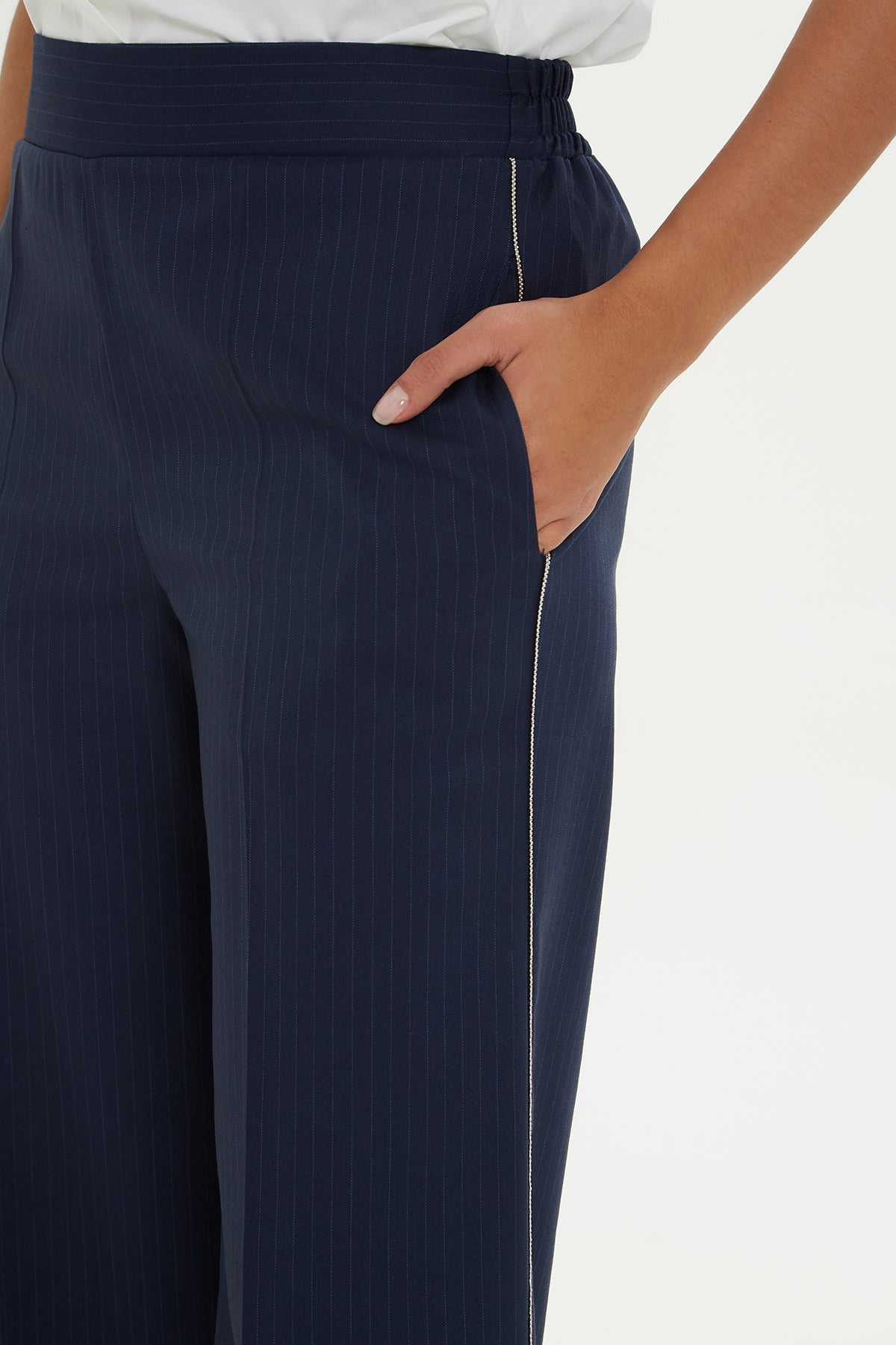 Navy Striped Trousers with Chain Trim