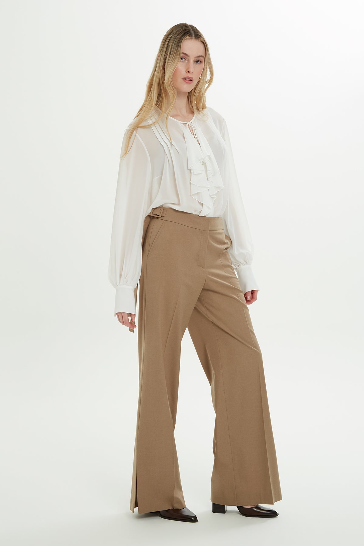 Beige Wide-Leg Trousers with Belt