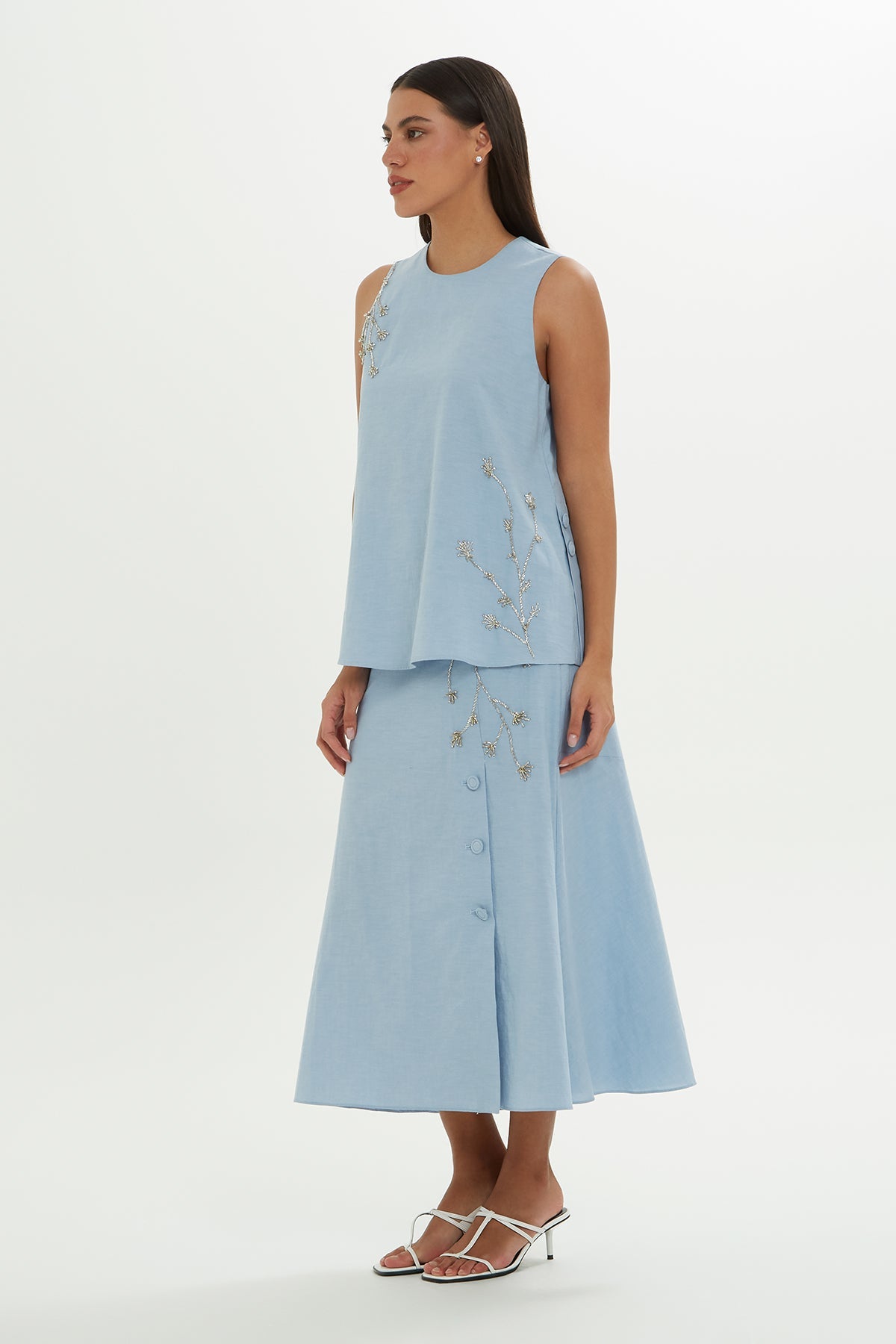 Blue Embroidered Sleeveless Blouse