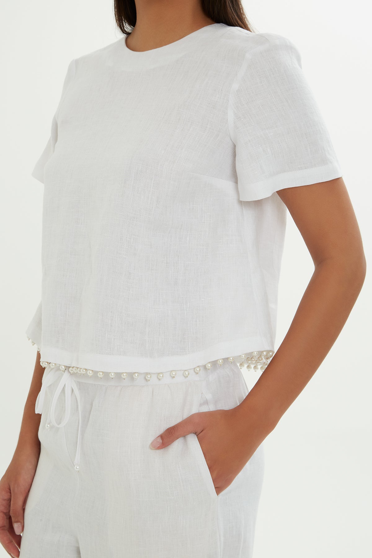 White Linen Blouse with Pearl Detail