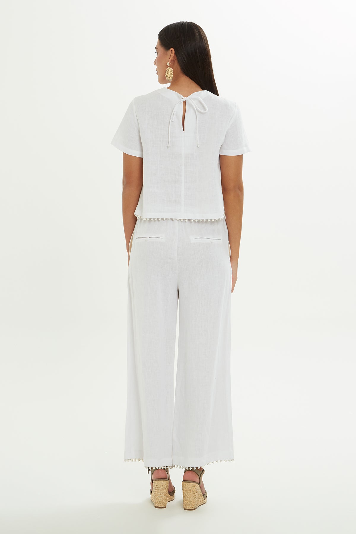 White Linen Blouse with Pearl Detail
