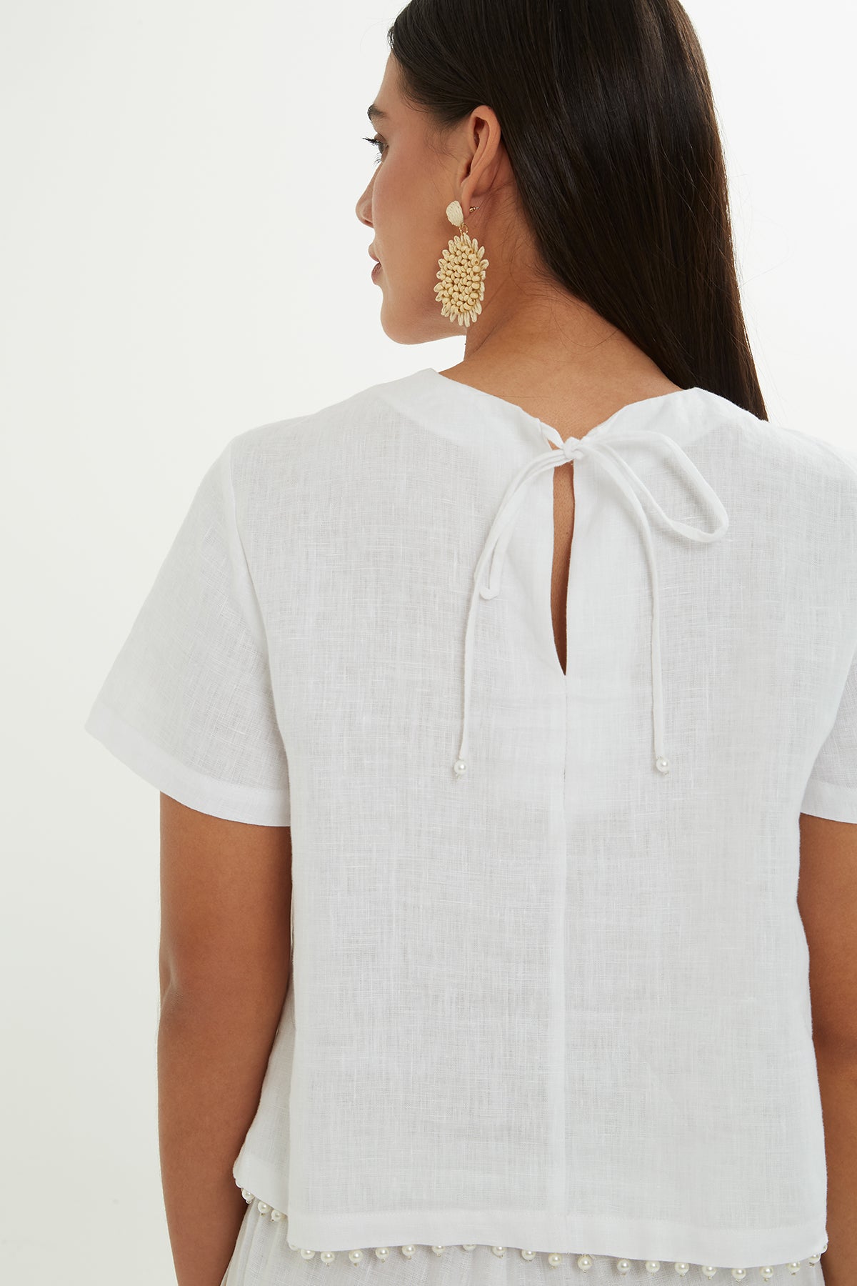 White Linen Blouse with Pearl Detail